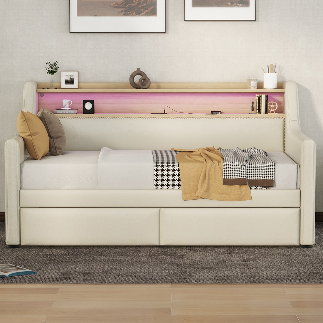 Twin Size Daybed With Storage Drawers, Upholstered Daybed With Charging Station And Led Lights, Beige Expect Arrive Date: December 30Th. Beige Pu Leather