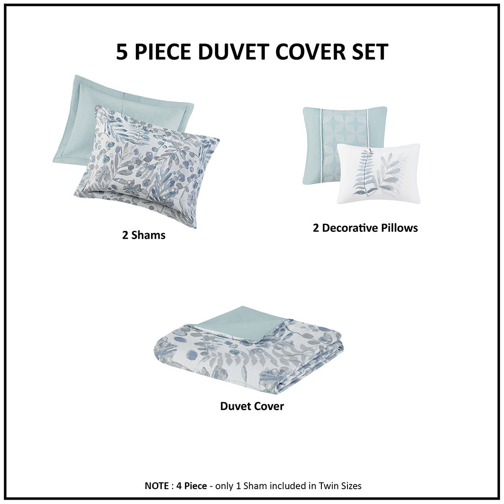 5 Piece Seersucker Duvet Cover Set With Throw Pillows Blue Polyester