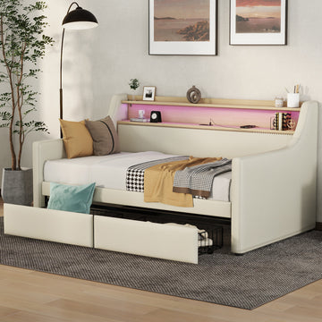 Twin Size Daybed With Storage Drawers, Upholstered Daybed With Charging Station And Led Lights, Beige Expect Arrive Date: December 30Th. Beige Pu Leather