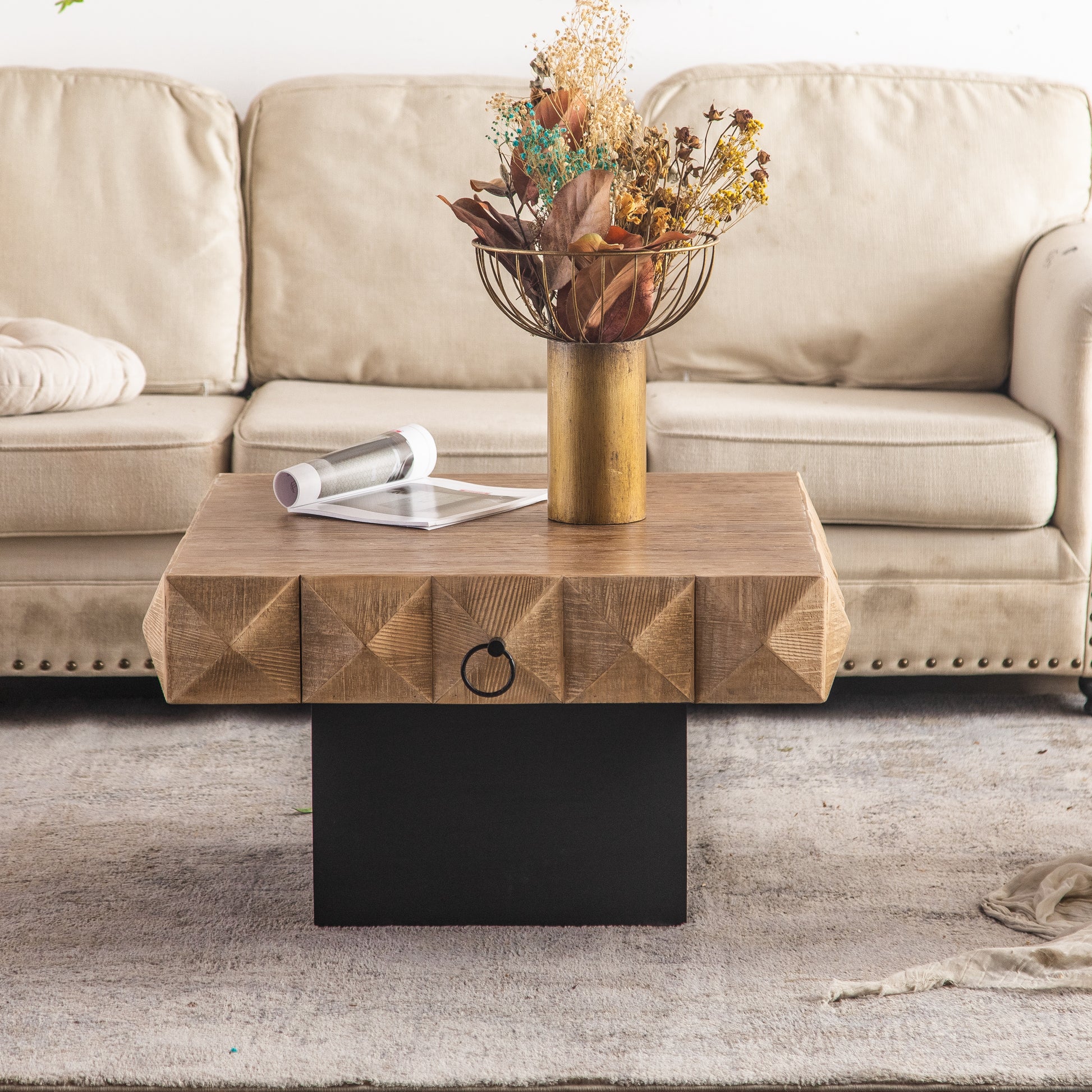 32.28"Three Dimensional Embossed Pattern Square Retro Coffee Table With 2 Drawers And Mdf Base Natural Solid Wood Mdf