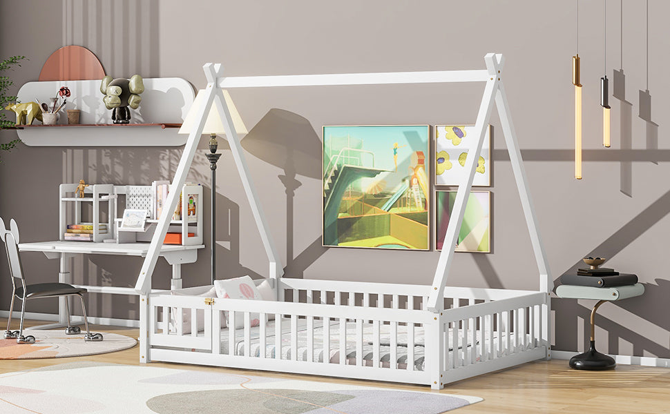 Full Tent Shaped Floor Bed, With Guardrails, Slats, Door ,White Full White Wood Bedroom American Design Pine Bed Frame Pine