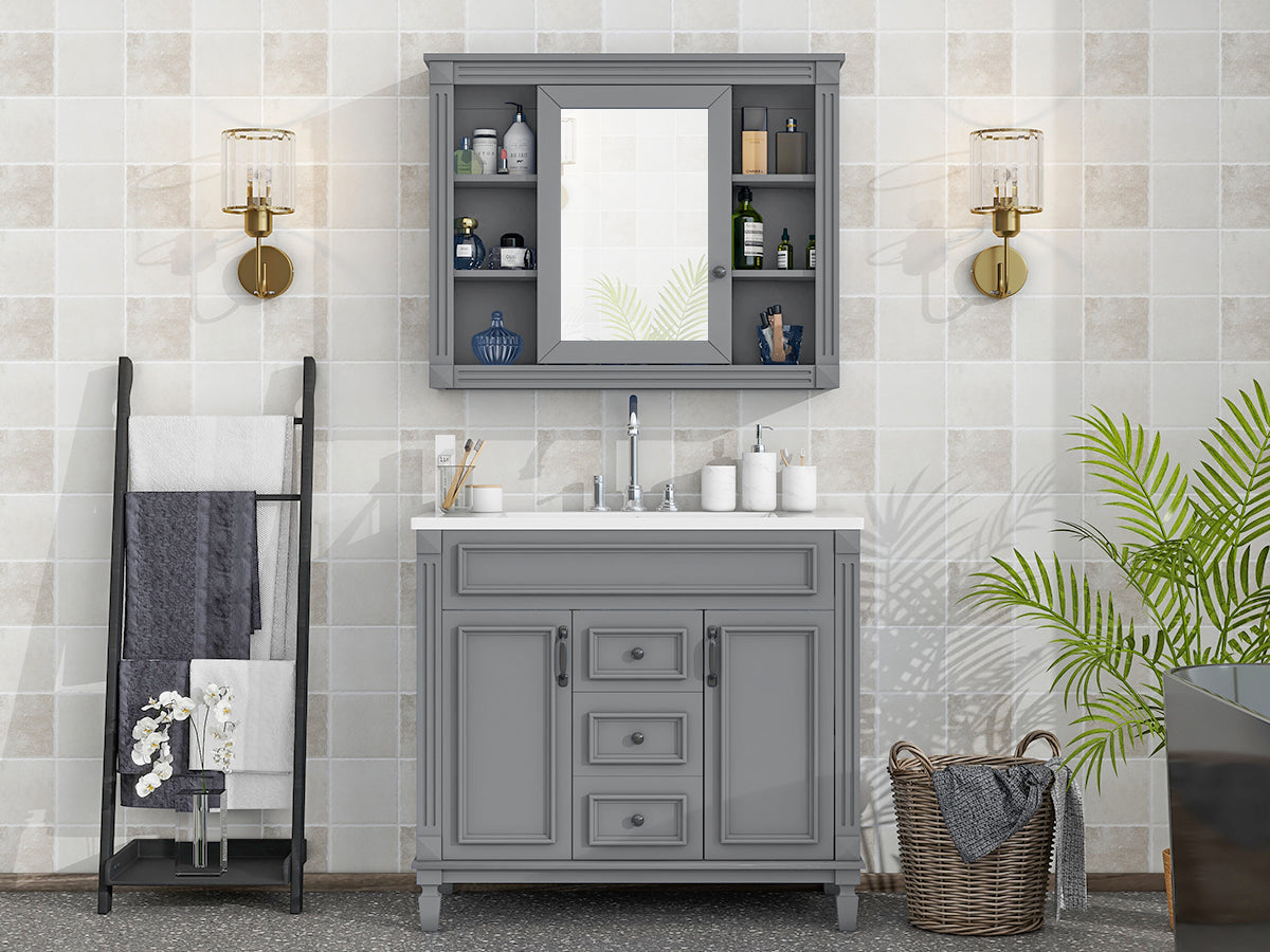 36'' Bathroom Vanity With Top Sink, Grey Mirror Cabinet, Modern Bathroom Storage Cabinet With 2 Soft Closing Doors And 2 Drawers, Single Sink Bathroom Vanity Grey Bathroom Mdf