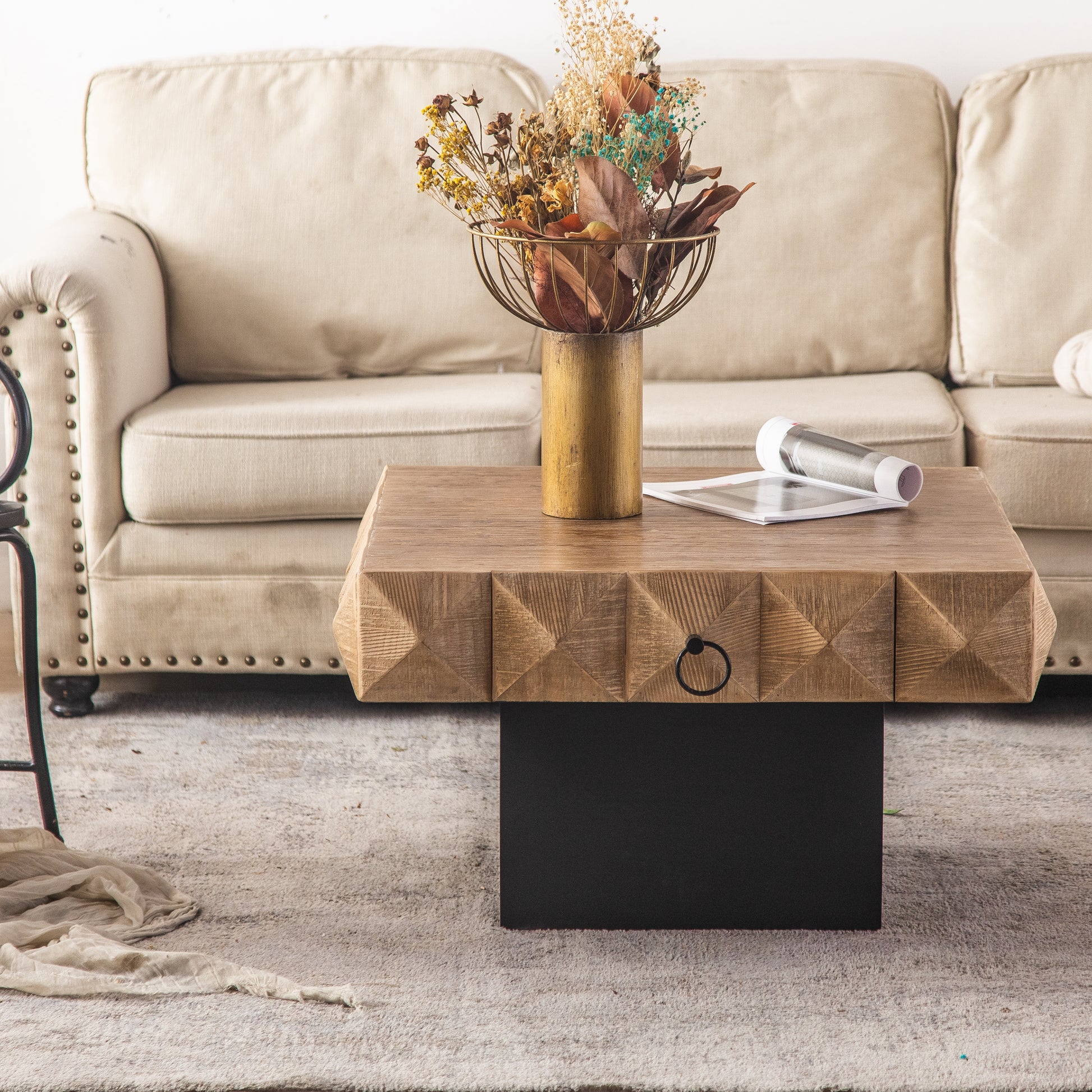 32.28"Three Dimensional Embossed Pattern Square Retro Coffee Table With 2 Drawers And Mdf Base Natural Solid Wood Mdf