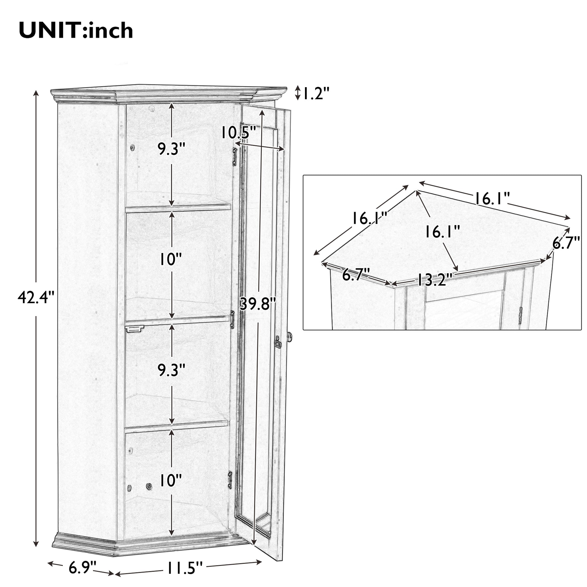 Freestanding Bathroom Cabinet with Glass Door, Corner white-mdf+glass