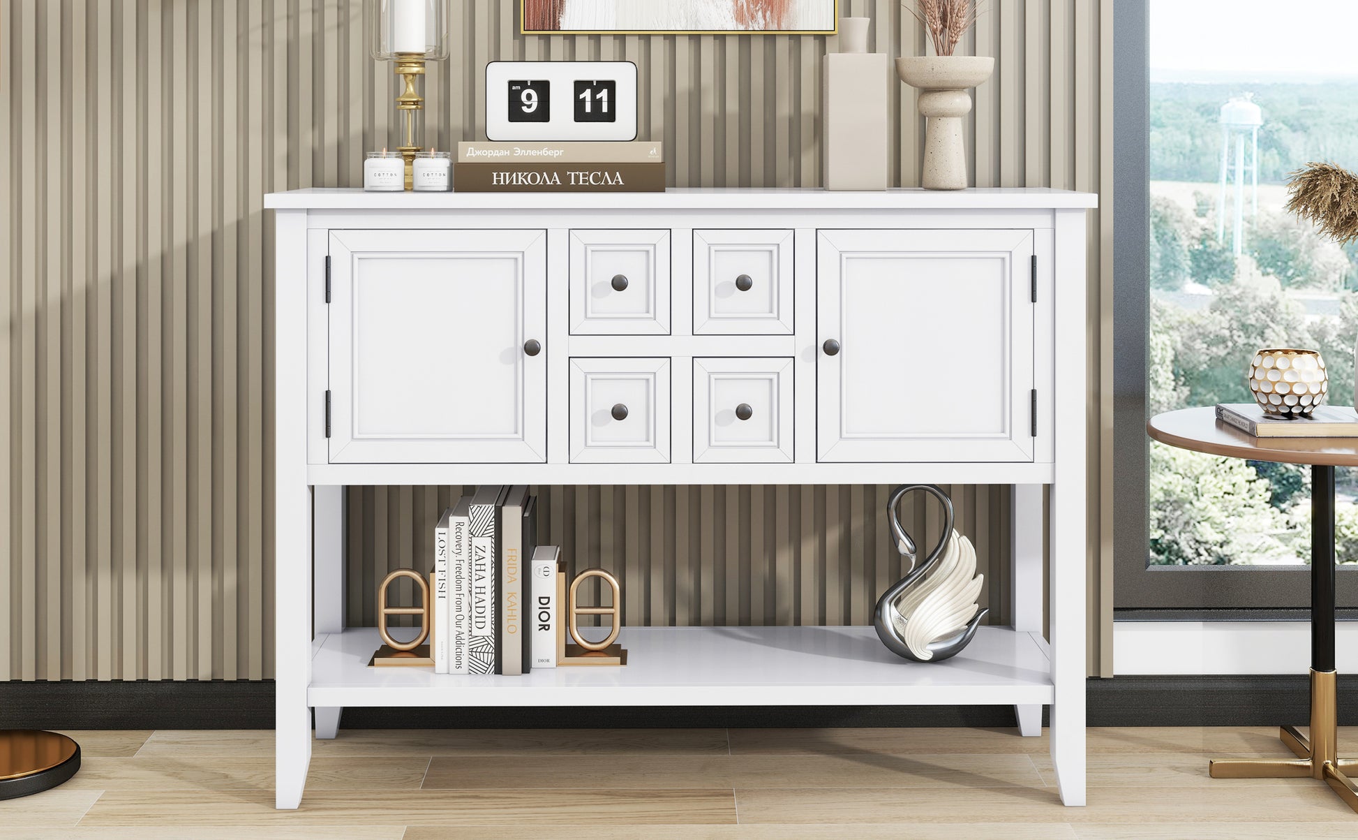 Cambridge Series Large Storage Vintage Console Table With Four Small Drawers And Bottom Shelf For Living Rooms, Entrances And Kitchens White, Old Sku: Wf190263Aaa White Solid Wood Mdf