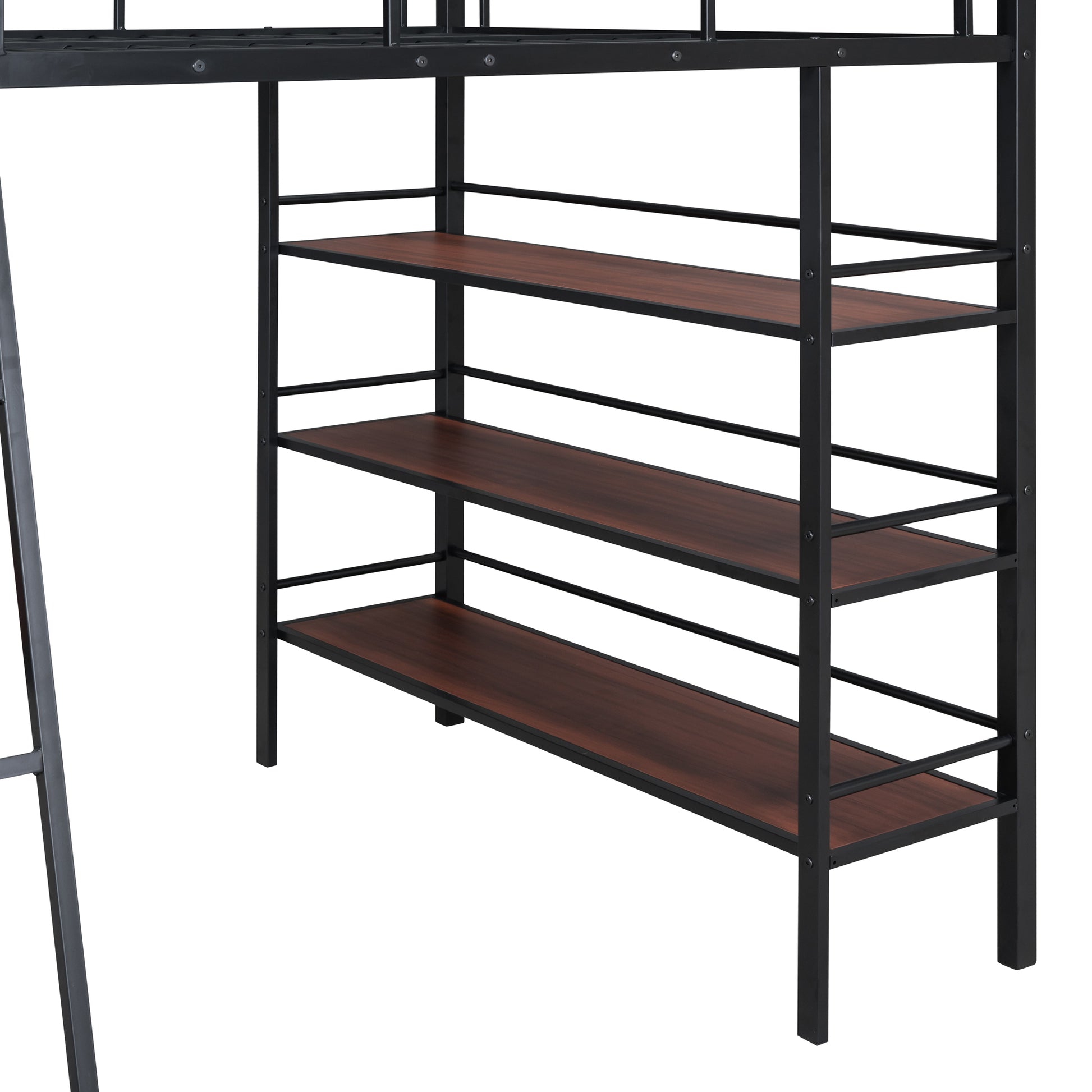 Full Size Loft Metal Bed With 3 Layers Of Shelves And Desk, Stylish Metal Frame Bed With Whiteboard, Black Black Metal