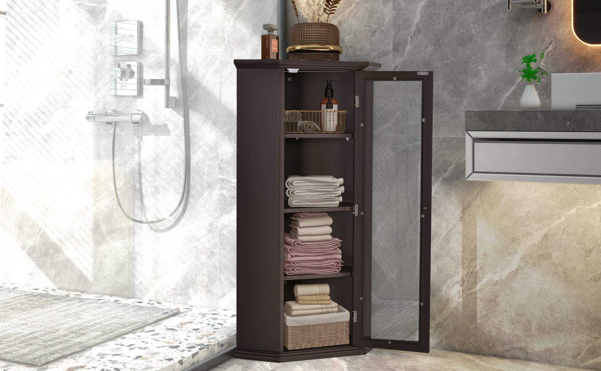 Freestanding Bathroom Cabinet with Glass Door, Corner brown-mdf+glass