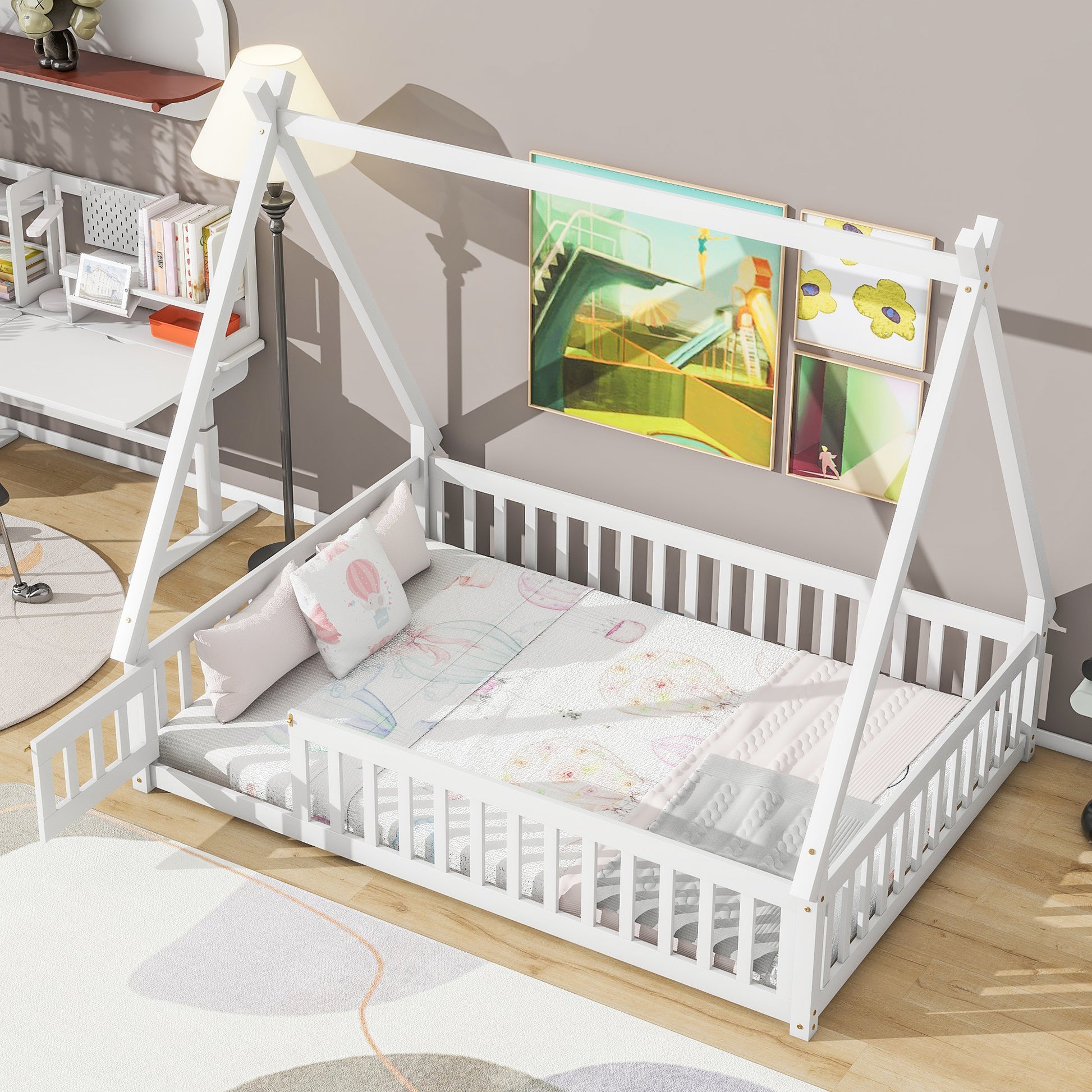 Full Tent Shaped Floor Bed, With Guardrails, Slats, Door ,White Full White Wood Bedroom American Design Pine Bed Frame Pine