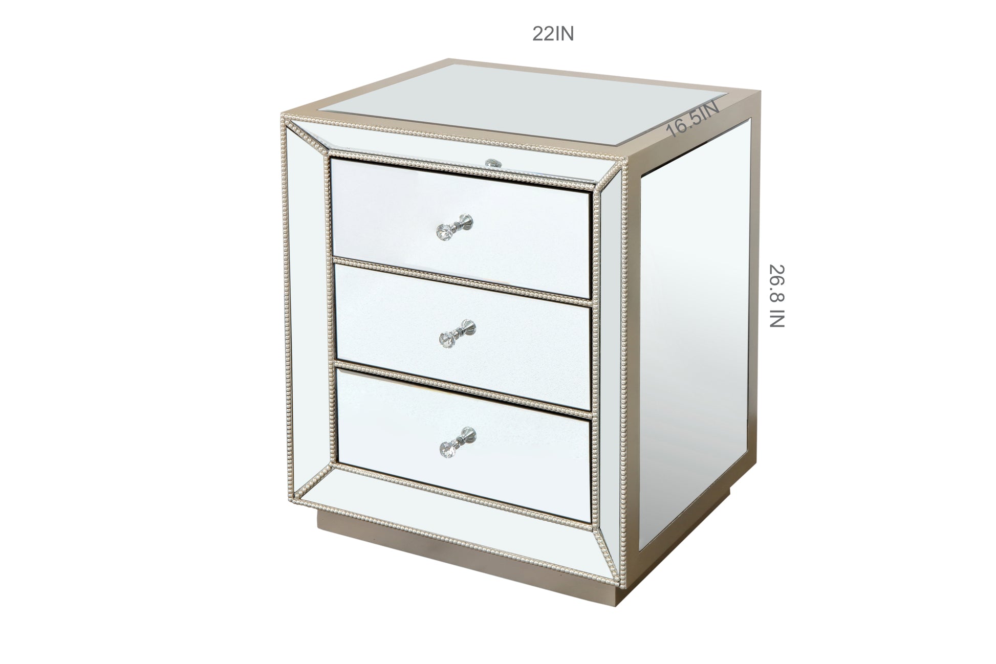 W 22"X D 16 ' X 26.8" Flash Silver Mirror Three Drawer Cabinet Chest 3 4 Drawers Glass Pane Silver Bedroom Mirrored Back American Design Mdf Glass