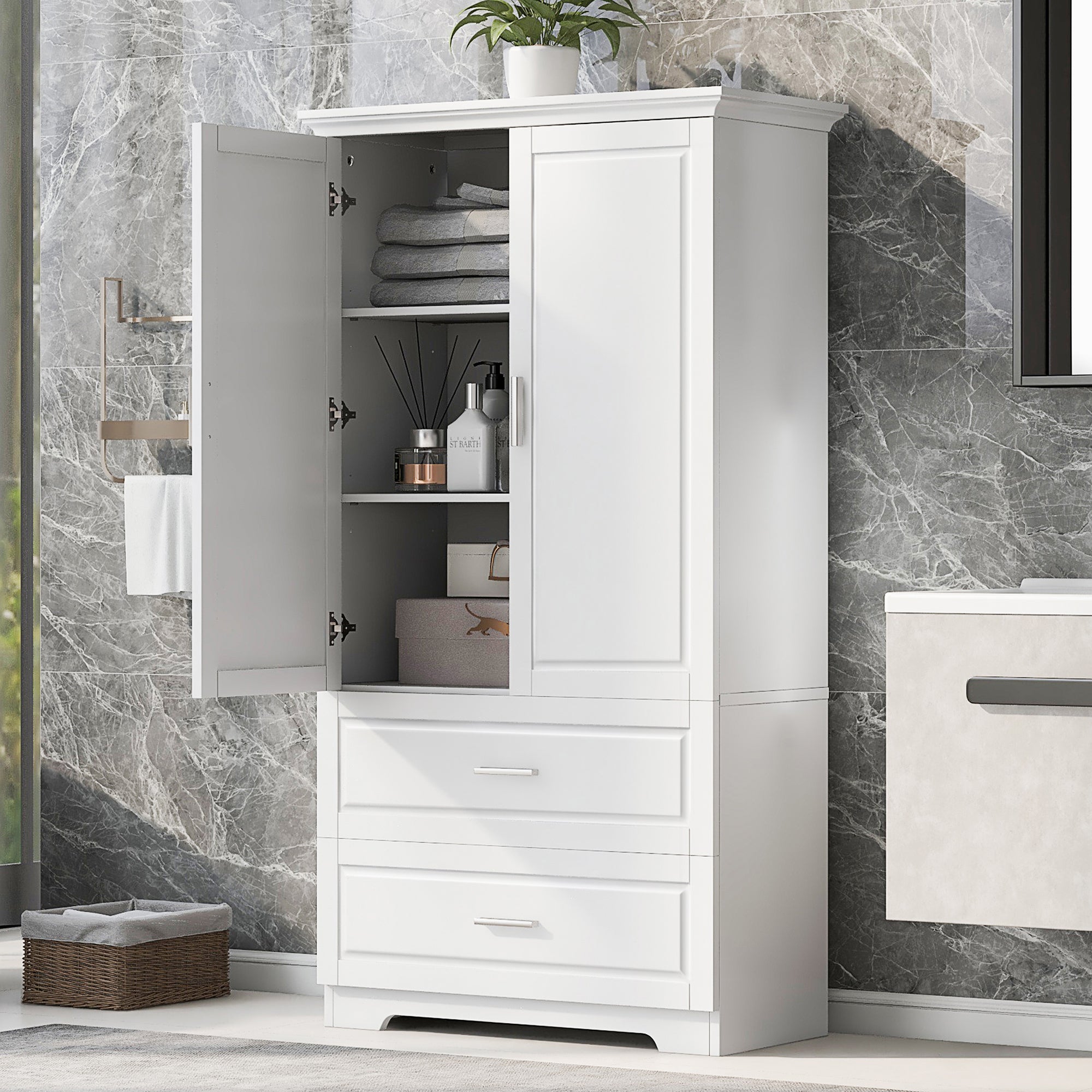 Tall Bathroom Storage Cabinet, Cabinet With Two Doors And Drawers, Adjustable Shelf, Mdf Board, White Old Sku:Wf310828Aak White Mdf