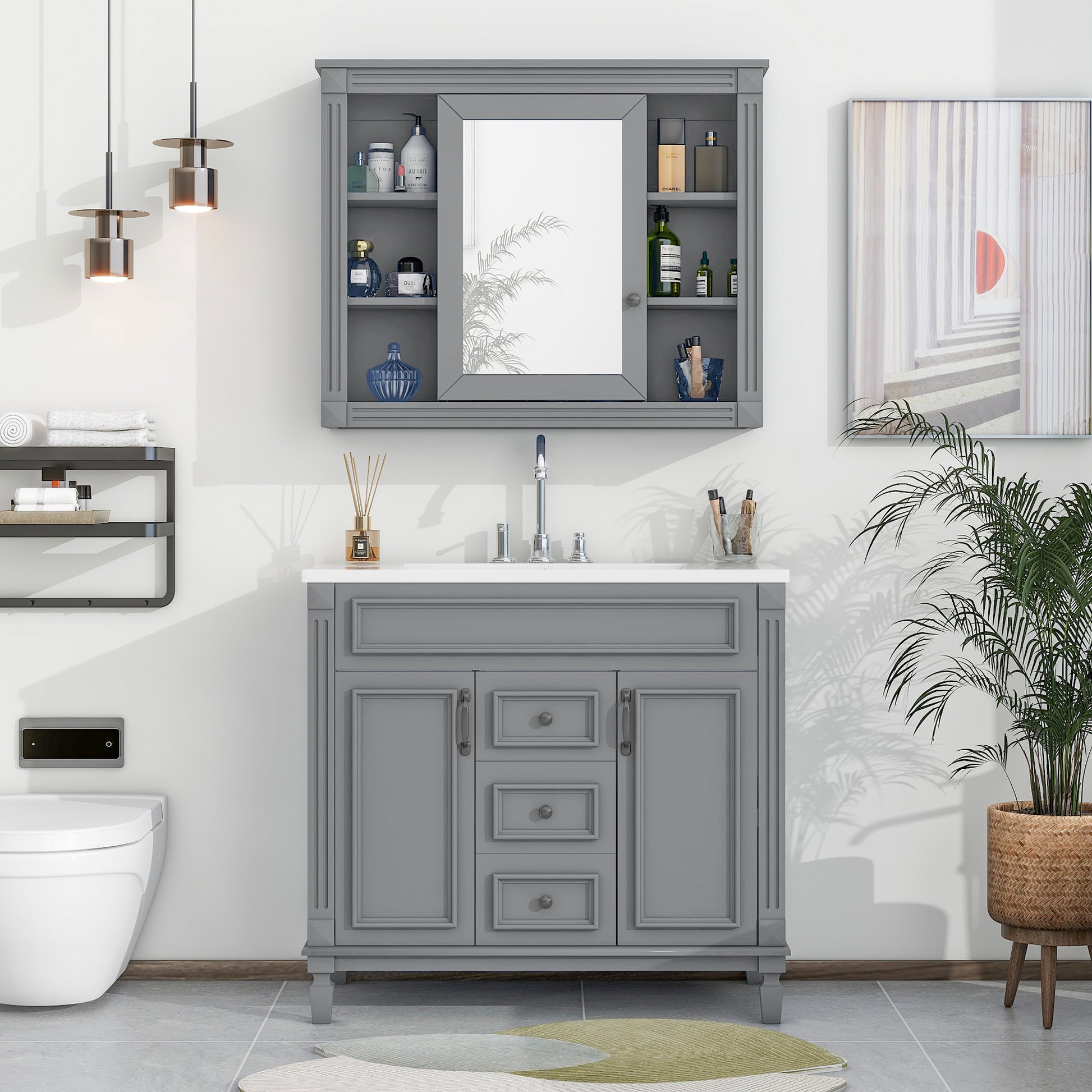 36'' Bathroom Vanity With Top Sink, Grey Mirror Cabinet, Modern Bathroom Storage Cabinet With 2 Soft Closing Doors And 2 Drawers, Single Sink Bathroom Vanity Grey Bathroom Mdf