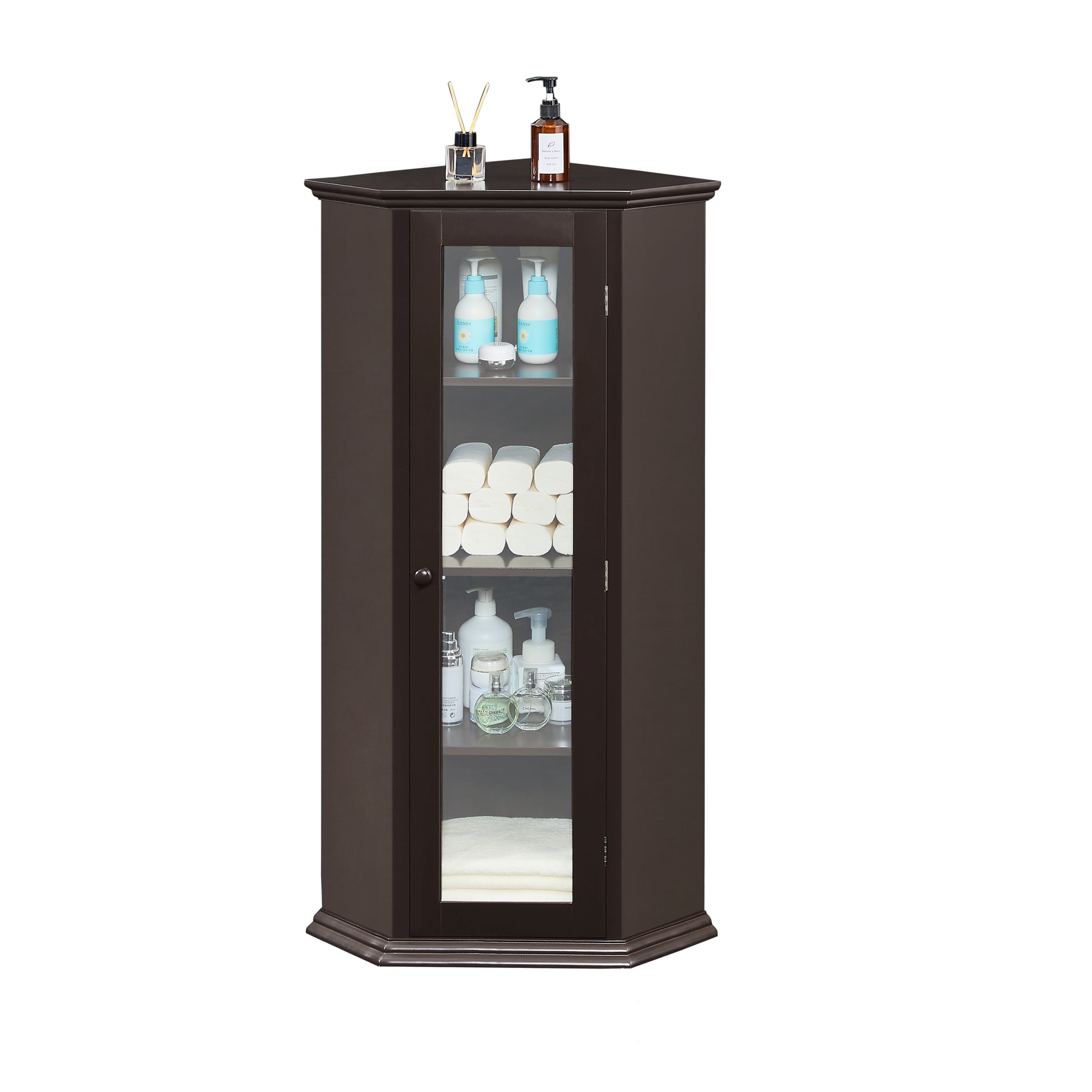 Freestanding Bathroom Cabinet with Glass Door, Corner brown-mdf+glass