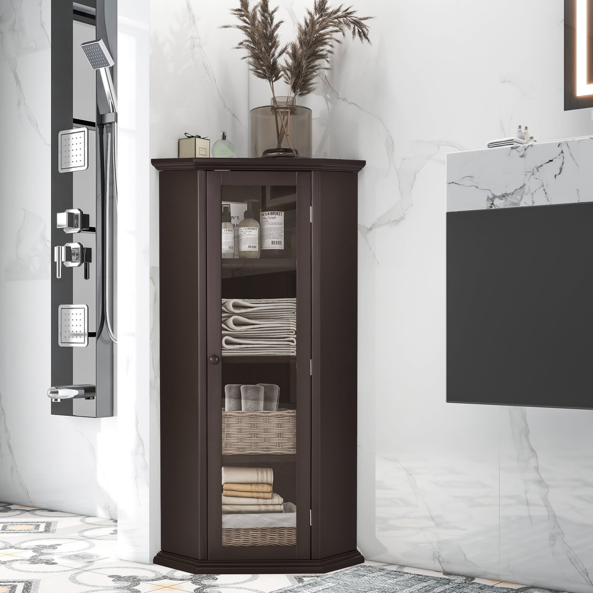 Freestanding Bathroom Cabinet with Glass Door, Corner brown-mdf+glass