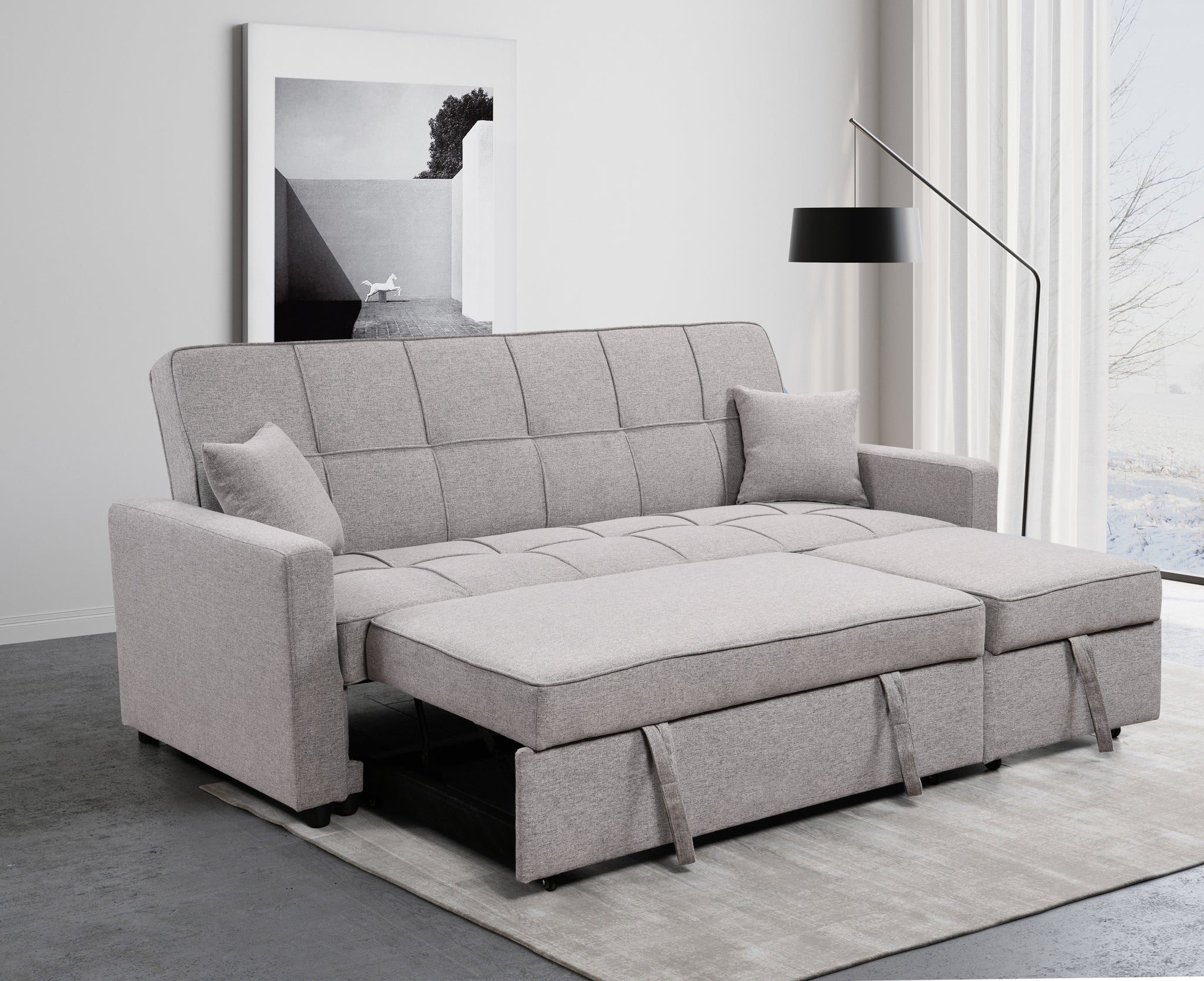 83" Oversized Upholstered Sofa Bed W Pull Out Couch Bed & Adjustable Backrest,3 Seaters Sofa & Couch Convertible Sleep Sofabed For Home Apartment Living Room,Light Gray Light Brown Wood Primary Living Space Heavy Duty Eucalyptus 3 Seat Light Gray Linen