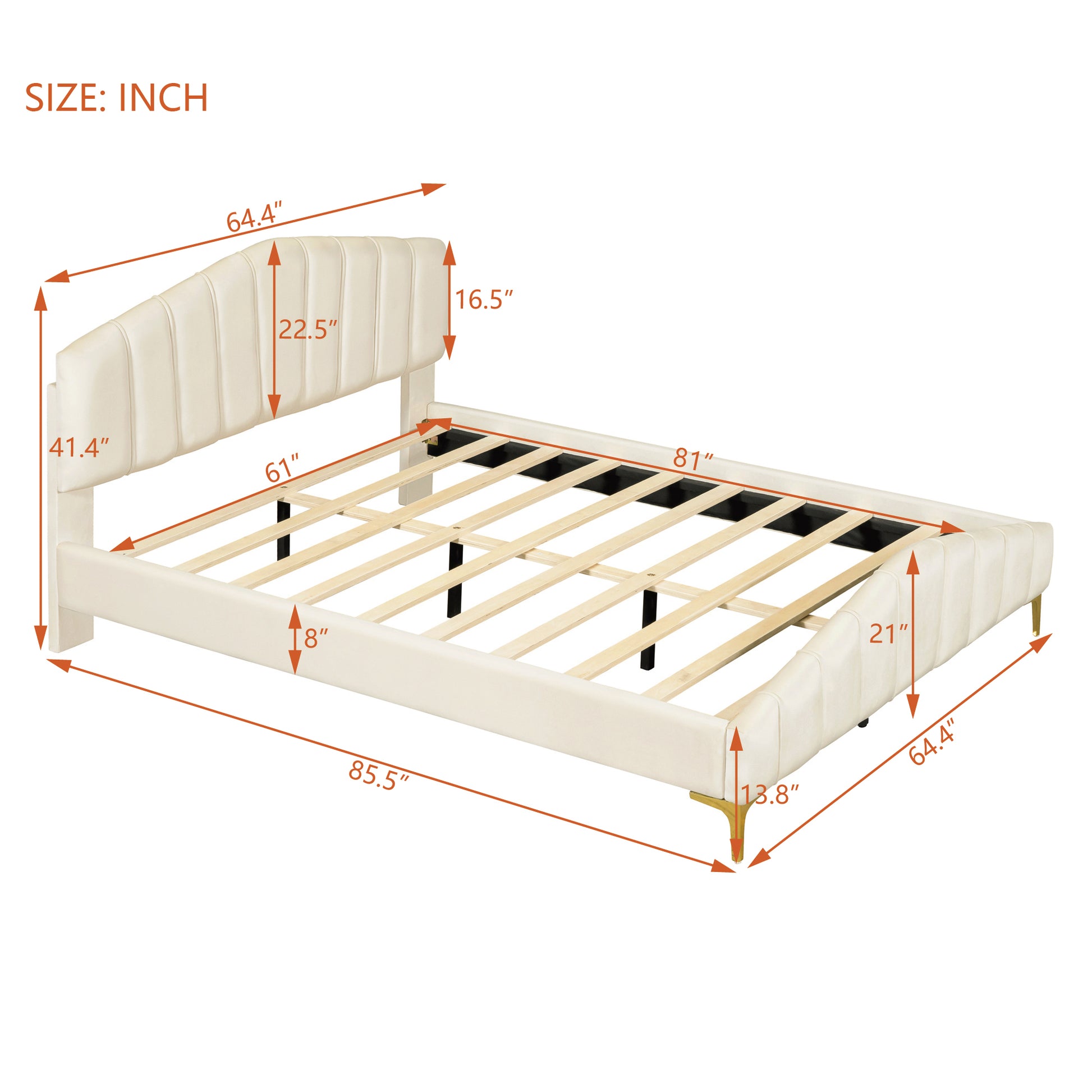 Queen Size Velvet Platform Bed With Thick Fabric, Stylish Stripe Decorated Bedboard And Elegant Metal Bed Leg, Beige Beige Velvet