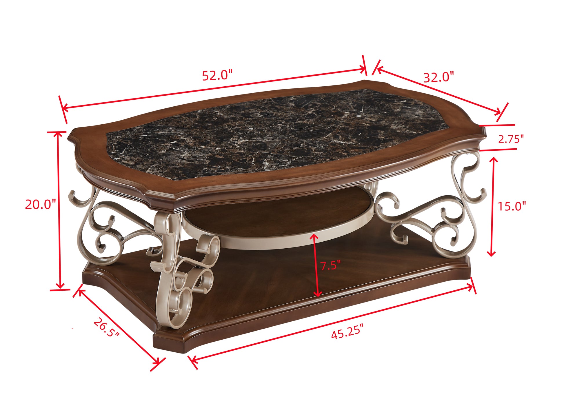 Cocktail Table, Marble Paper Top, Mdf With Birch Veneer Middle Shelf And Bottompowder Coat Finish Metal Legs. 52"Lx32"Wx20 "H Champagne Brown Dining Room American Design Birch Coffee & End Tables Mdf