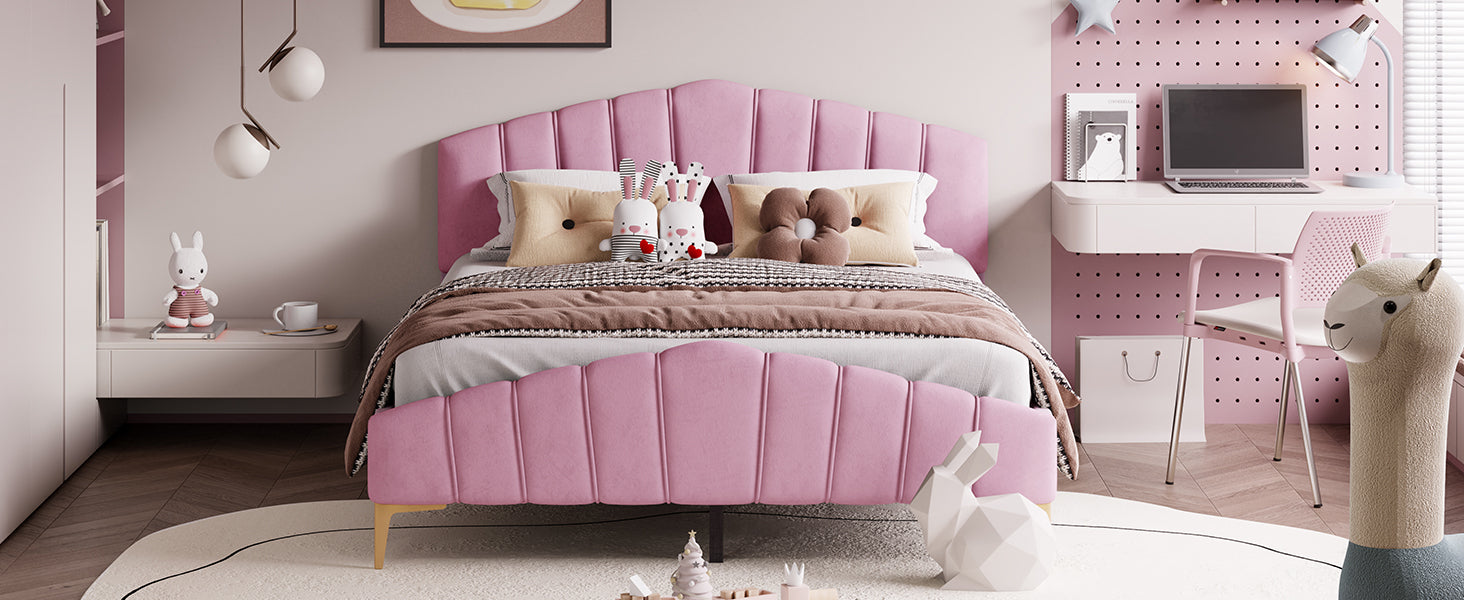Queen Size Velvet Platform Bed With Thick Fabric, Stylish Stripe Decorated Bedboard And Elegant Metal Bed Leg, Pink Pink Velvet