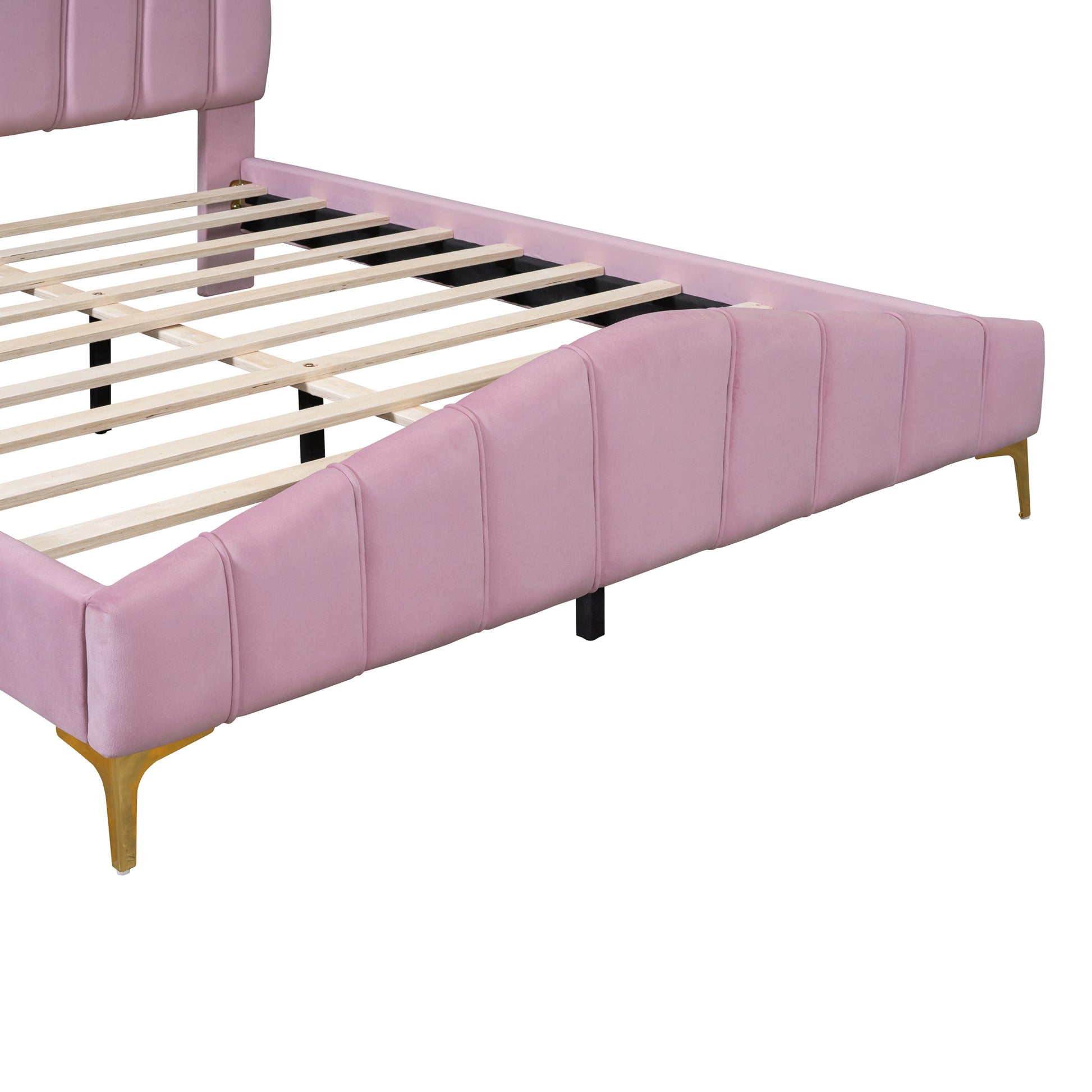 Queen Size Velvet Platform Bed With Thick Fabric, Stylish Stripe Decorated Bedboard And Elegant Metal Bed Leg, Pink Pink Velvet