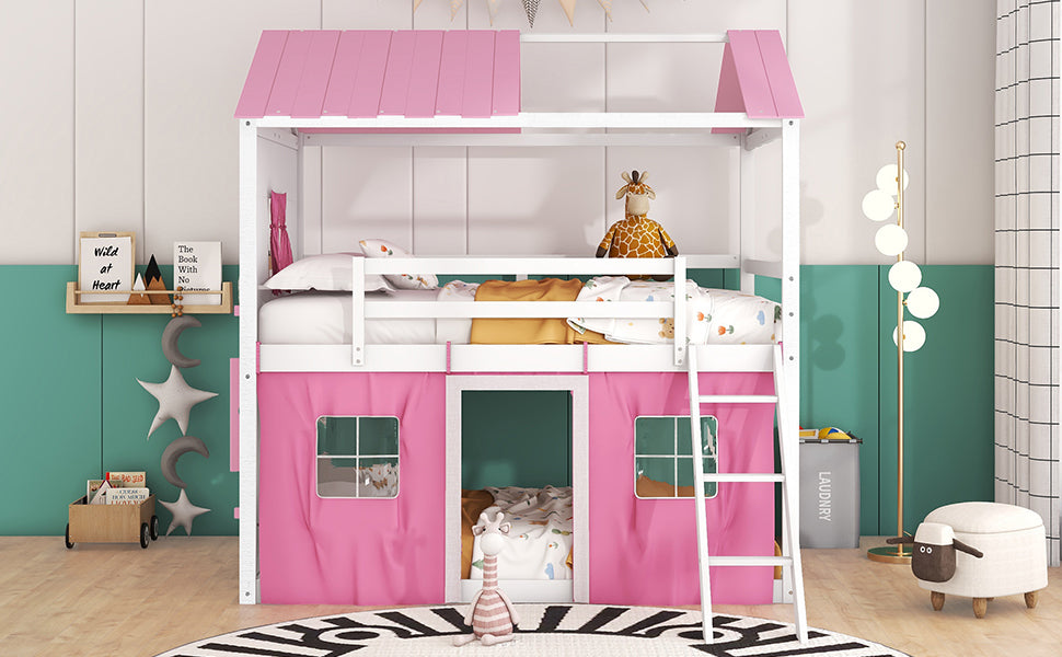 Full Size Bunk Wood House Bed With Elegant Windows, Sills And Tent, Pink White White Pink Solid Wood Mdf