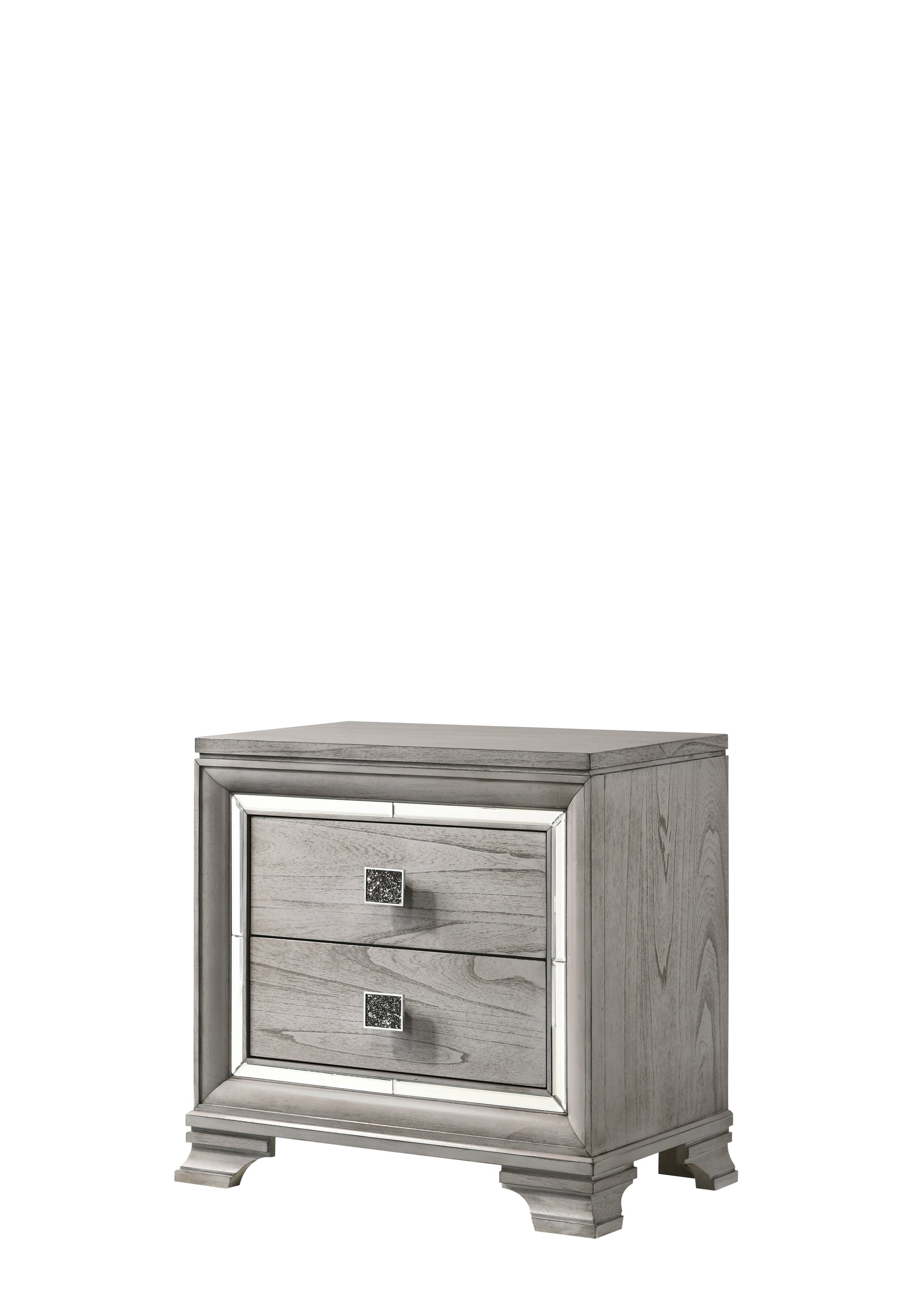 Contemporary 1Pc Light Gray Brown Finish 2 Storage Drawer Nightstand End Table Mirrored Accents Beautiful Solid Wood Wooden Bedroom Furniture Light Grey 2 Drawers Bedside Cabinet Solid Wood