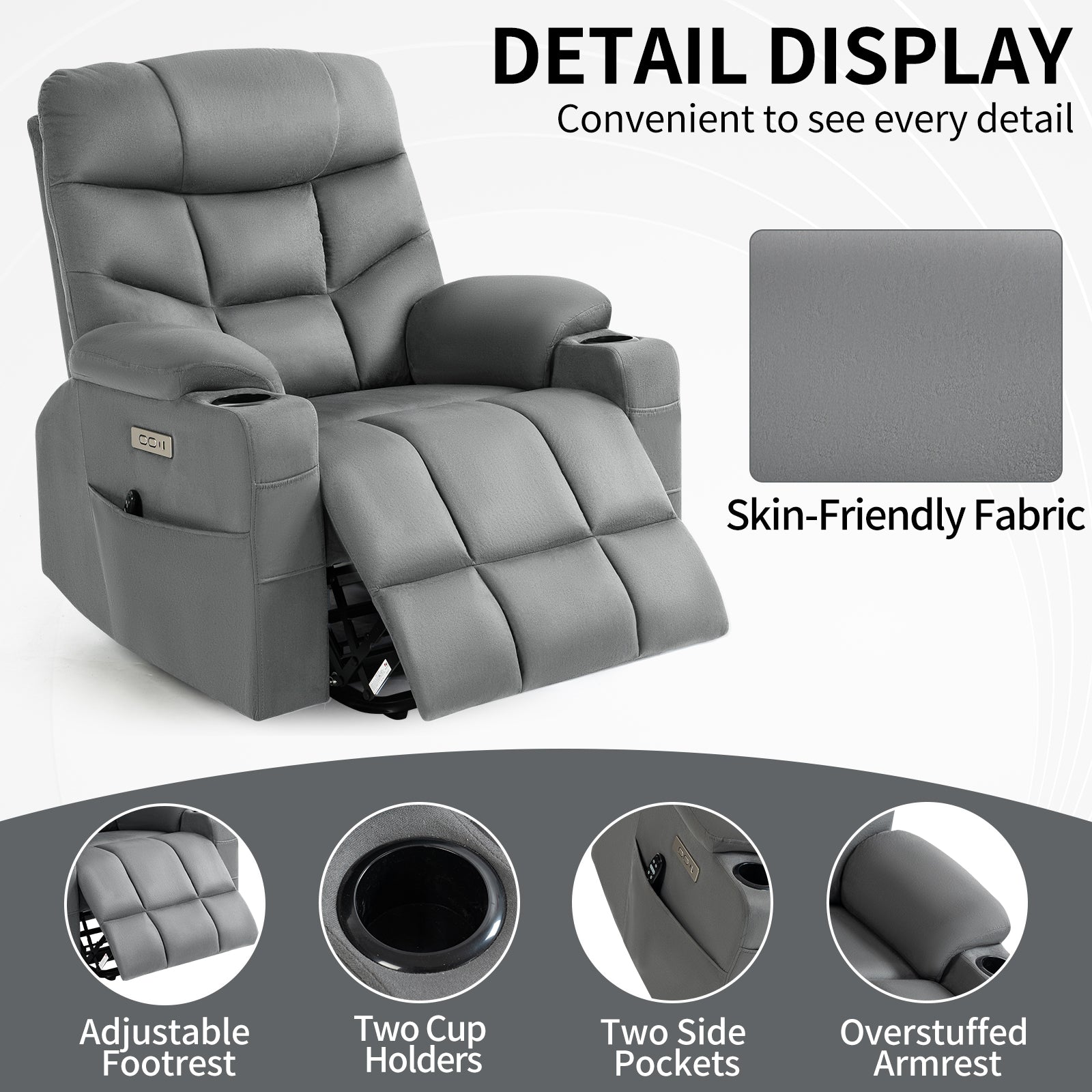 Okin Motor Up To 350 Lbs Power Lift Recliner Chair, Heavy Duty Motion Mechanism With 8 Point Vibration Massage And Lumbar Heating, Cup Holders, Usb And Type C Ports, Removable Cushions, Grey White Metal Primary Living Space Heavy Duty Pine Grey