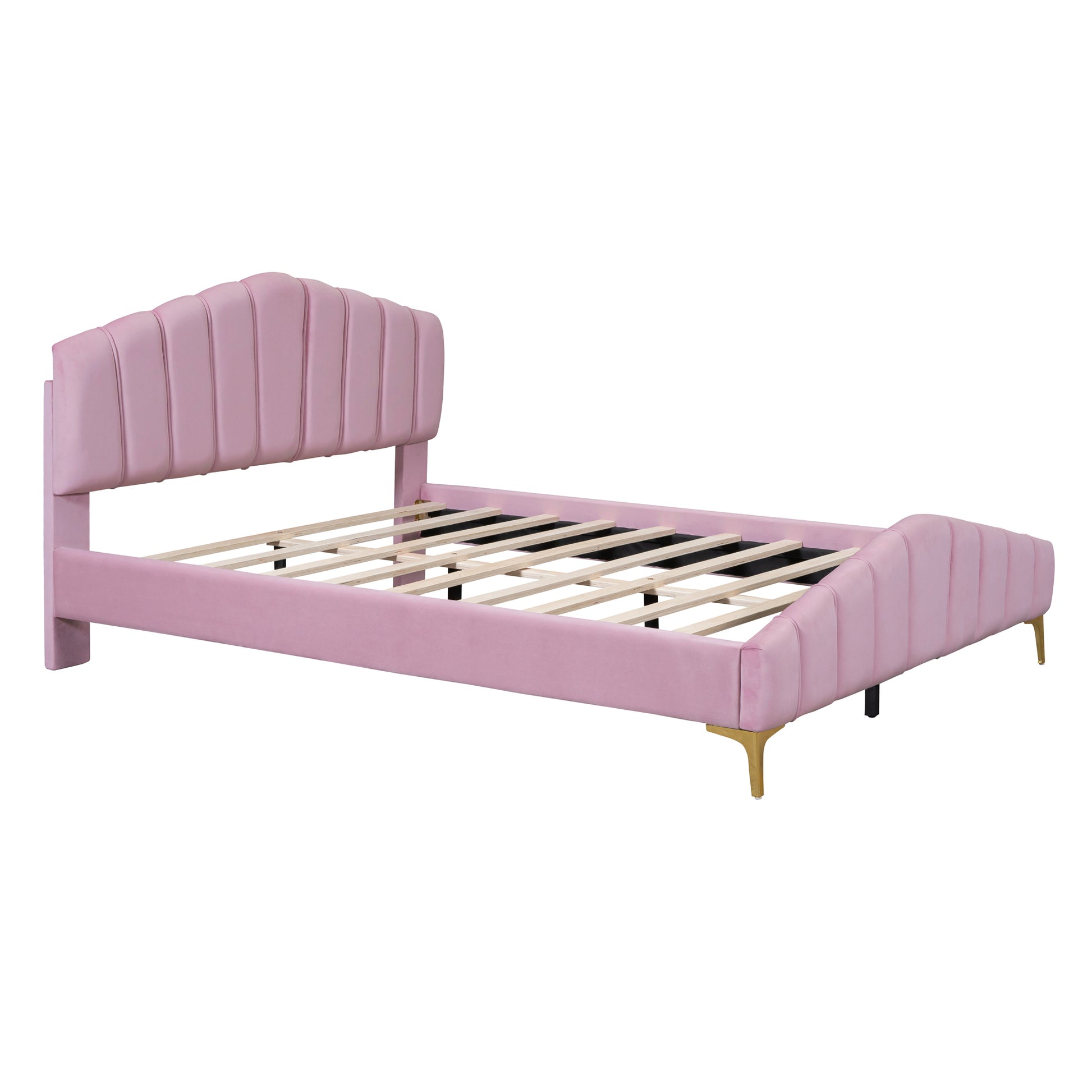 Queen Size Velvet Platform Bed With Thick Fabric, Stylish Stripe Decorated Bedboard And Elegant Metal Bed Leg, Pink Pink Velvet