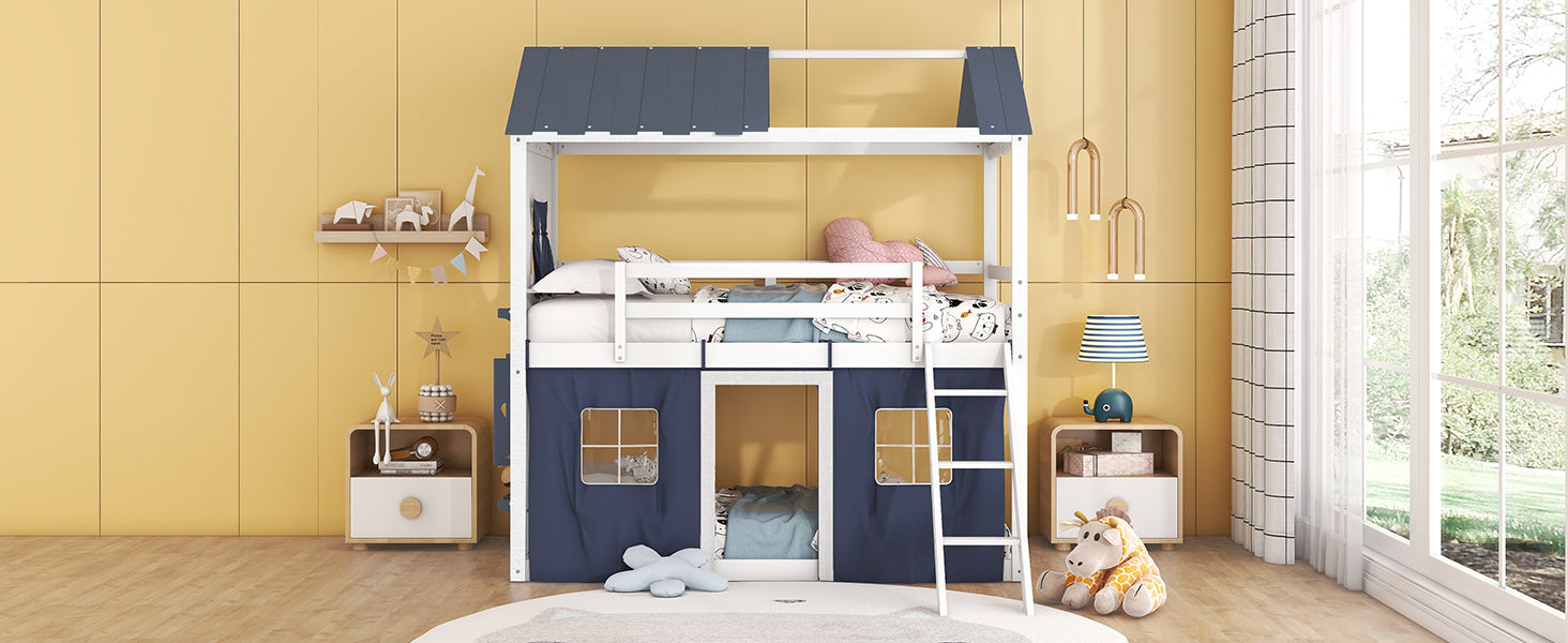 Twin Size Bunk Wood House Bed With Elegant Windows, Sills And Tent, Blue White Twin White Blue Solid Wood Mdf