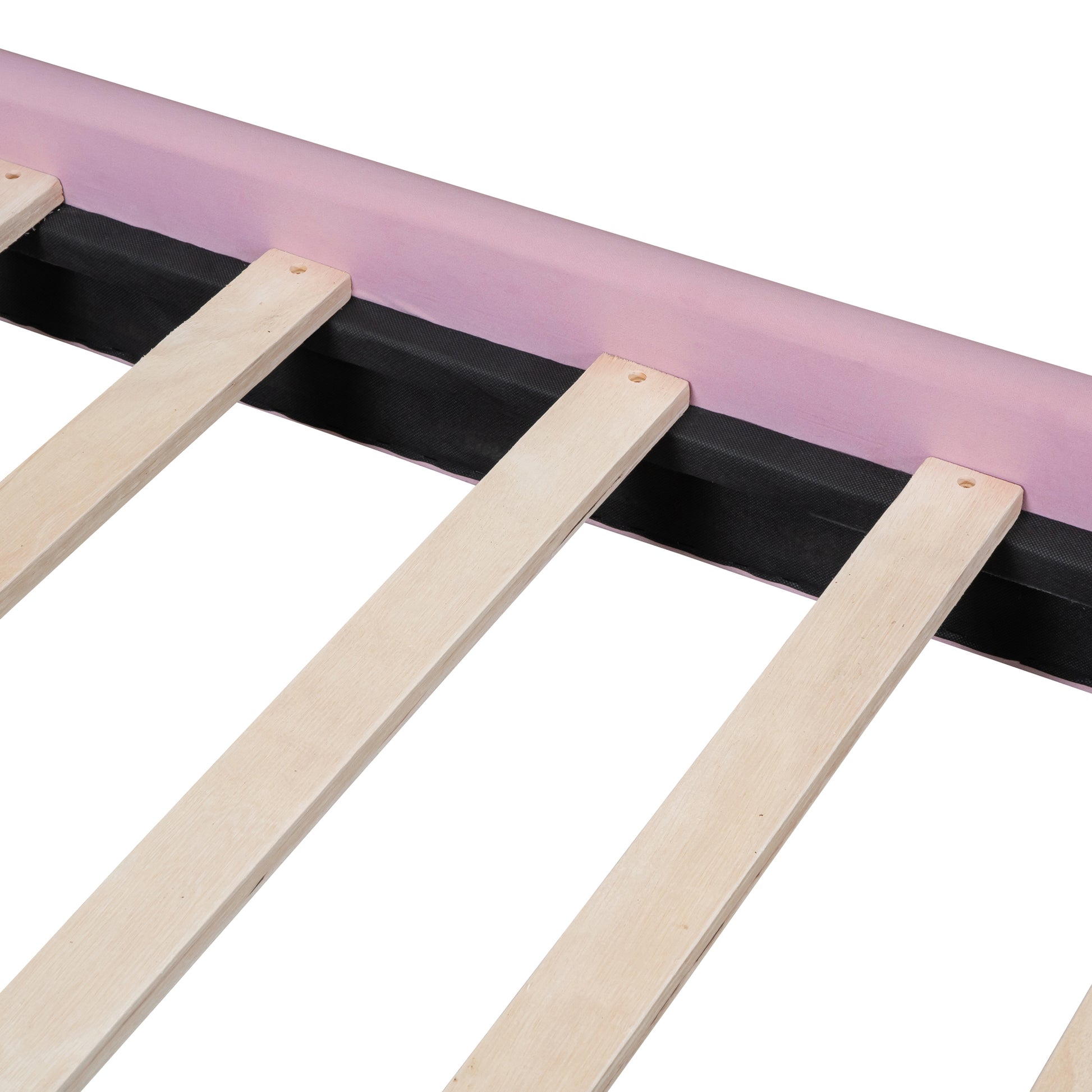 Queen Size Velvet Platform Bed With Thick Fabric, Stylish Stripe Decorated Bedboard And Elegant Metal Bed Leg, Pink Pink Velvet