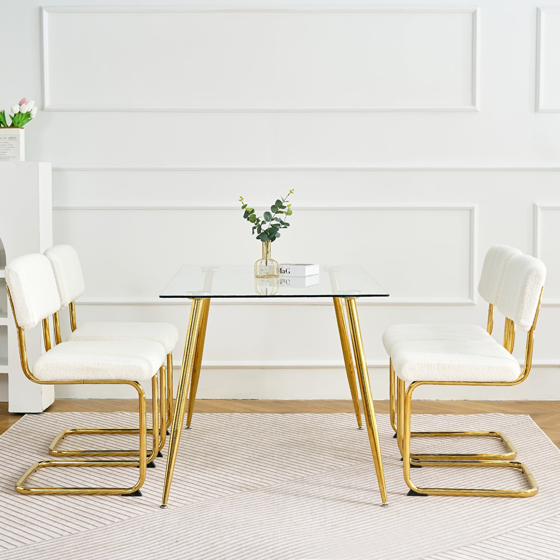 Modern Simple Light Luxury Dining White Chair Home Bedroom Stool Back Dressing Chair Student Desk Chair Gold Metal Legs Set Of 4 Metal White Teddy