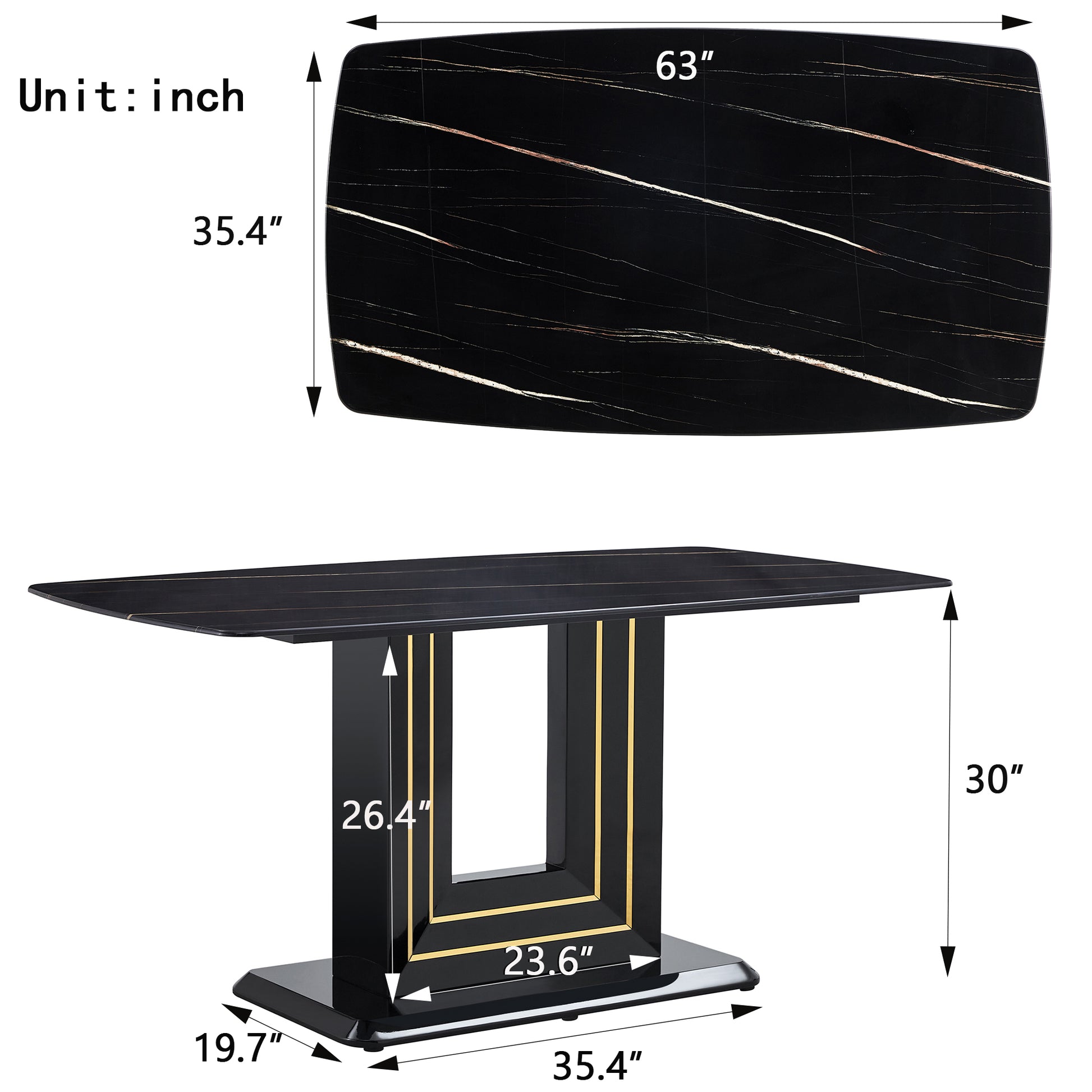 Rectangular 63" Marble Dining Table, Luxurious Dining Room Table With Faux Marble Top And U Shape Mdf Base, Modern Kitchen Dining Table For Kitchen Living Dining Room Black Luxury,Modern Mdf Glass