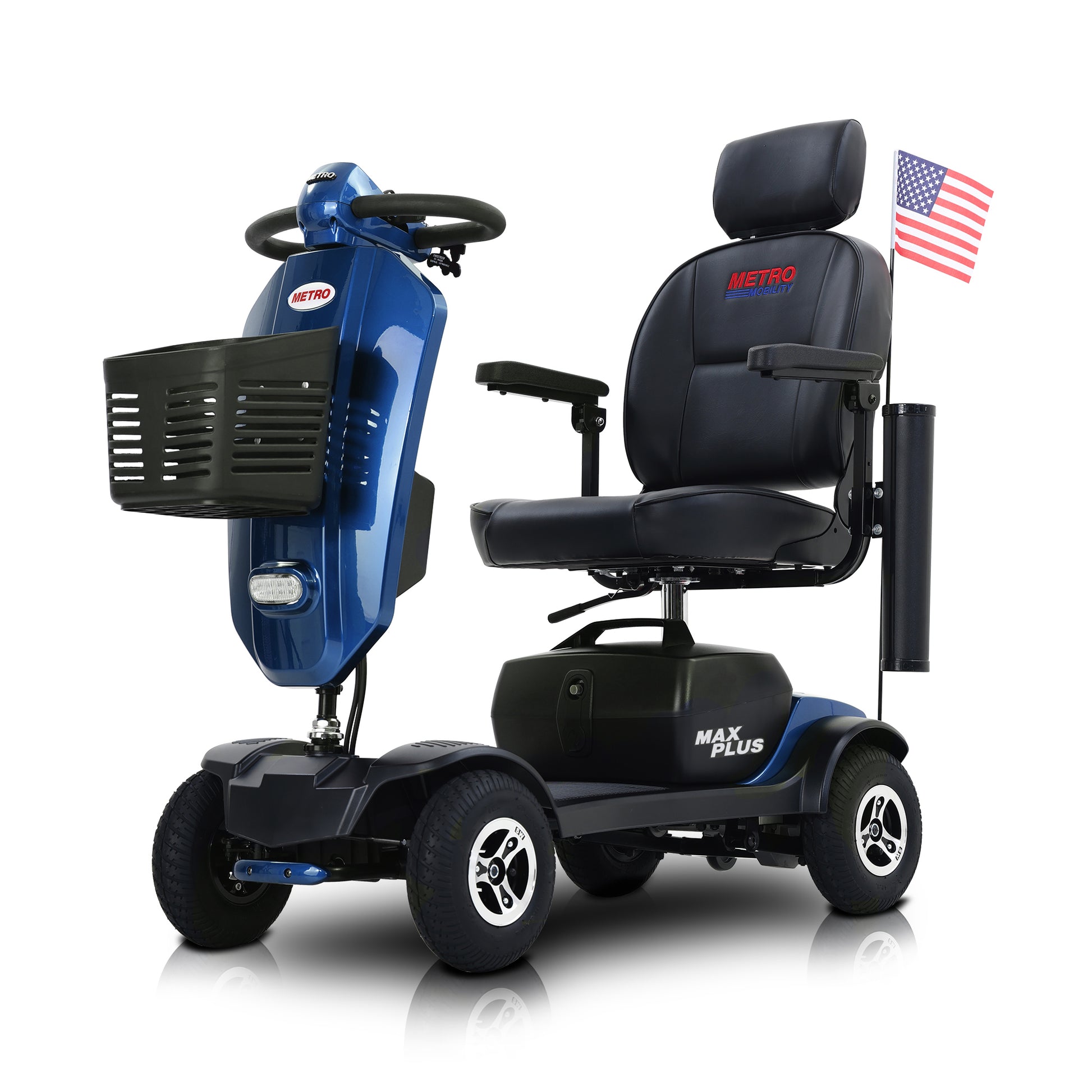 Max Plus Blue 4 Wheels Outdoor Compact Mobility Scooter With 2Pcs*20Ah Lead Acid Battery, 16 Miles, Cup Holders & Usb Charger Port Blue Metal