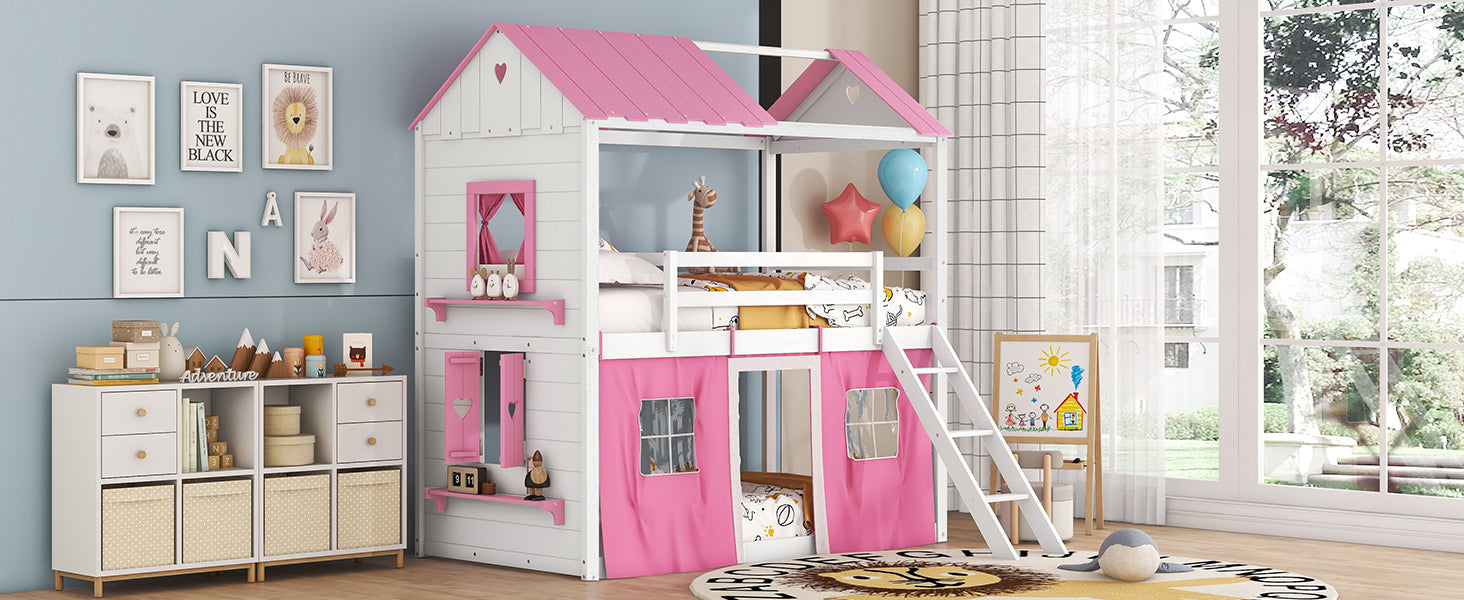 Twin Size Bunk Wood House Bed With Elegant Windows, Sills And Tent, Pink White Twin Pink White Solid Wood Mdf