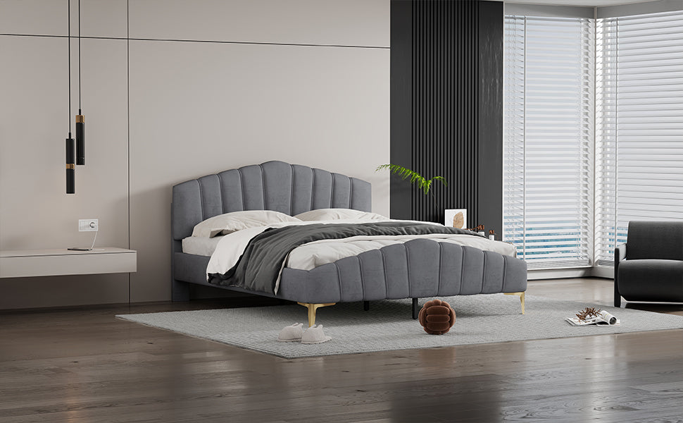 Queen Size Velvet Platform Bed With Thick Fabric, Stylish Stripe Decorated Bedboard And Elegant Metal Bed Leg, Gray Gray Velvet