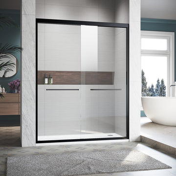 Sliding Shower Glass Door 50 54 In. W X 72 In. H, Adjustable Semi Frameless Shower Door, Certified Thick Clear Clear Tempered Glass, 304 Stainless Steel Handles, Black Finish Matt Black Aluminum