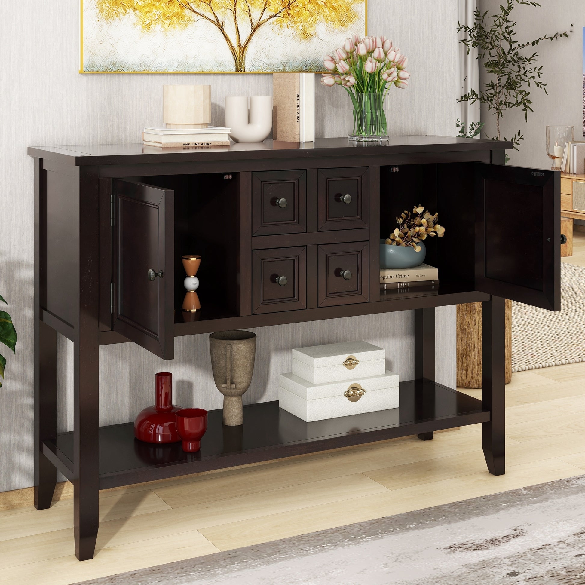 Cambridge Series Large Storage Vintage Console Table With Four Small Drawers And Bottom Shelf For Living Rooms, Entrances And Kitchens Espresso, Old Sku: Wf190263Aap Espresso Solid Wood Mdf