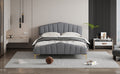 Queen Size Velvet Platform Bed With Thick Fabric, Stylish Stripe Decorated Bedboard And Elegant Metal Bed Leg, Gray Gray Velvet