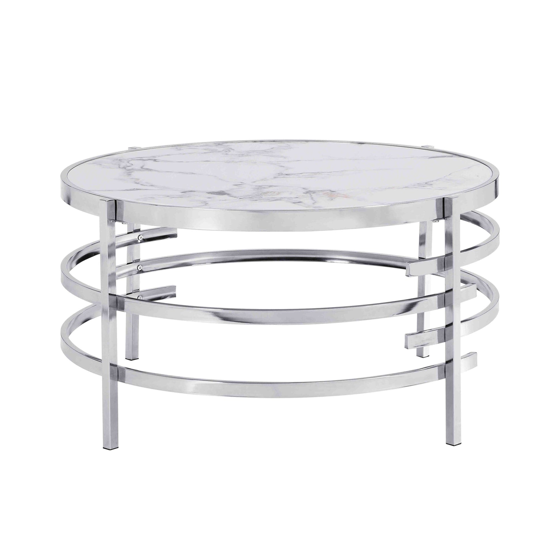 32.48'' Chrome Round Coffee Table With Sintered Stone Top&Sturdy Metal Frame, Modern Coffee Table For Living Room, Silver Silver Iron