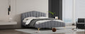 Queen Size Velvet Platform Bed With Thick Fabric, Stylish Stripe Decorated Bedboard And Elegant Metal Bed Leg, Gray Gray Velvet