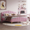 Queen Size Velvet Platform Bed With Thick Fabric, Stylish Stripe Decorated Bedboard And Elegant Metal Bed Leg, Pink Pink Velvet