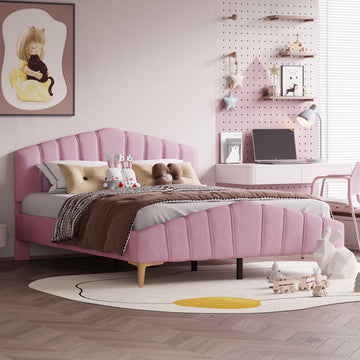Queen Size Velvet Platform Bed With Thick Fabric, Stylish Stripe Decorated Bedboard And Elegant Metal Bed Leg, Pink Pink Velvet
