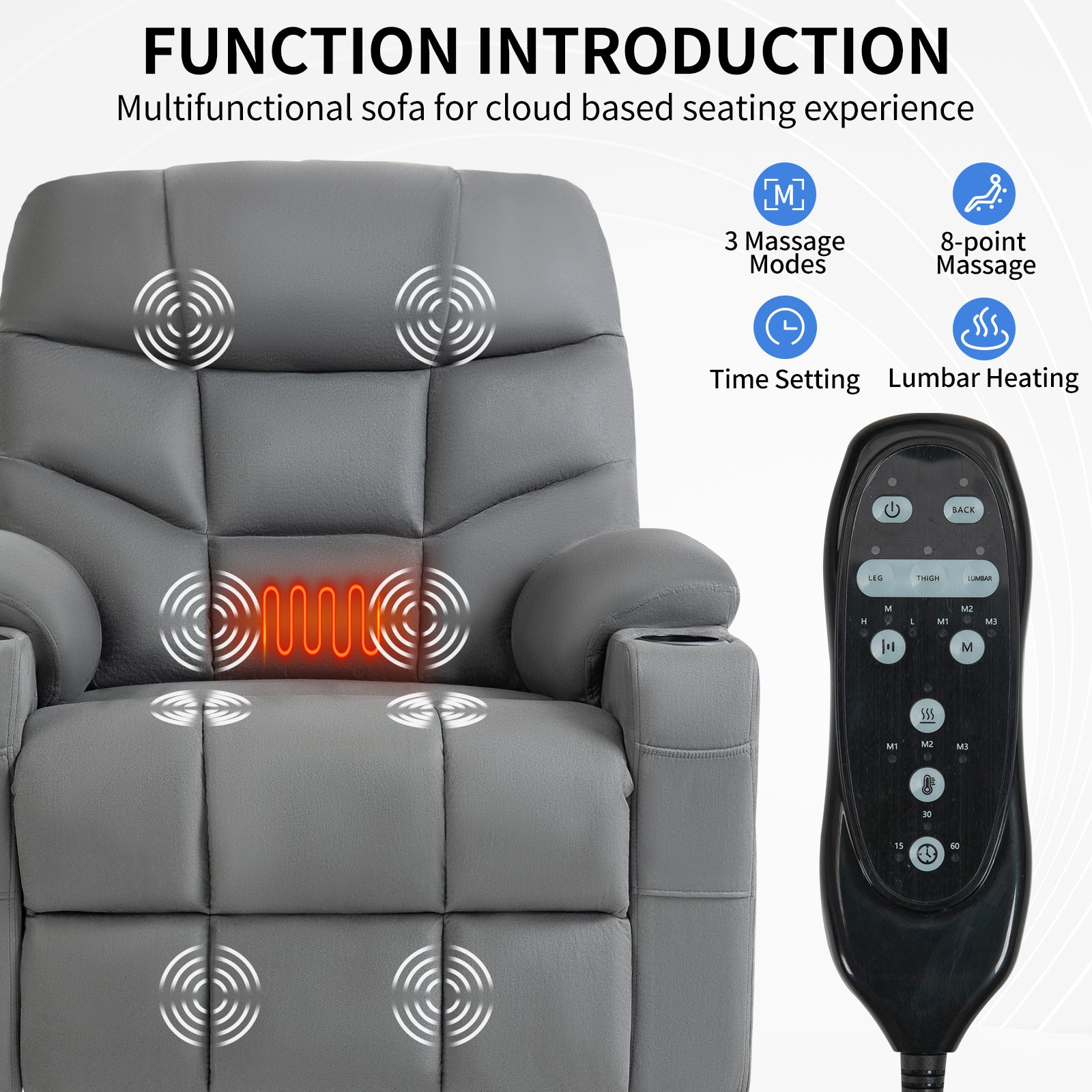 Okin Motor Up To 350 Lbs Power Lift Recliner Chair, Heavy Duty Motion Mechanism With 8 Point Vibration Massage And Lumbar Heating, Cup Holders, Usb And Type C Ports, Removable Cushions, Grey White Metal Primary Living Space Heavy Duty Pine Grey