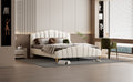 Queen Size Velvet Platform Bed With Thick Fabric, Stylish Stripe Decorated Bedboard And Elegant Metal Bed Leg, Beige Beige Velvet