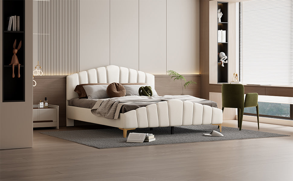 Queen Size Velvet Platform Bed With Thick Fabric, Stylish Stripe Decorated Bedboard And Elegant Metal Bed Leg, Beige Beige Velvet