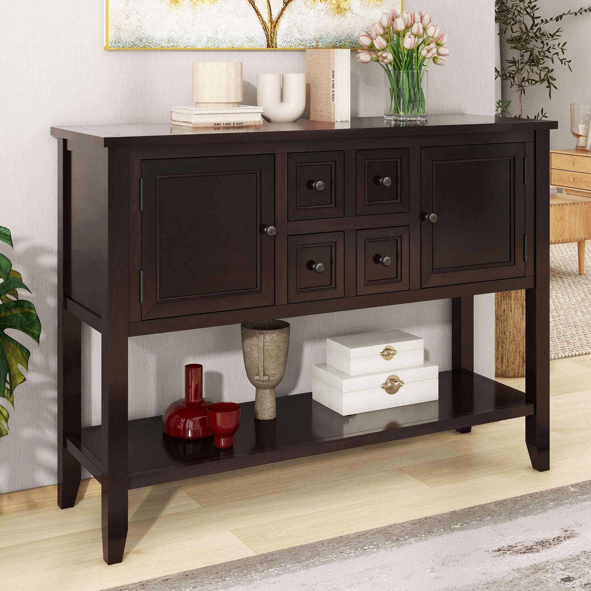 Cambridge Series Large Storage Vintage Console Table With Four Small Drawers And Bottom Shelf For Living Rooms, Entrances And Kitchens Espresso, Old Sku: Wf190263Aap Espresso Solid Wood Mdf