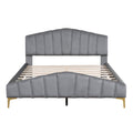 Queen Size Velvet Platform Bed With Thick Fabric, Stylish Stripe Decorated Bedboard And Elegant Metal Bed Leg, Gray Gray Velvet