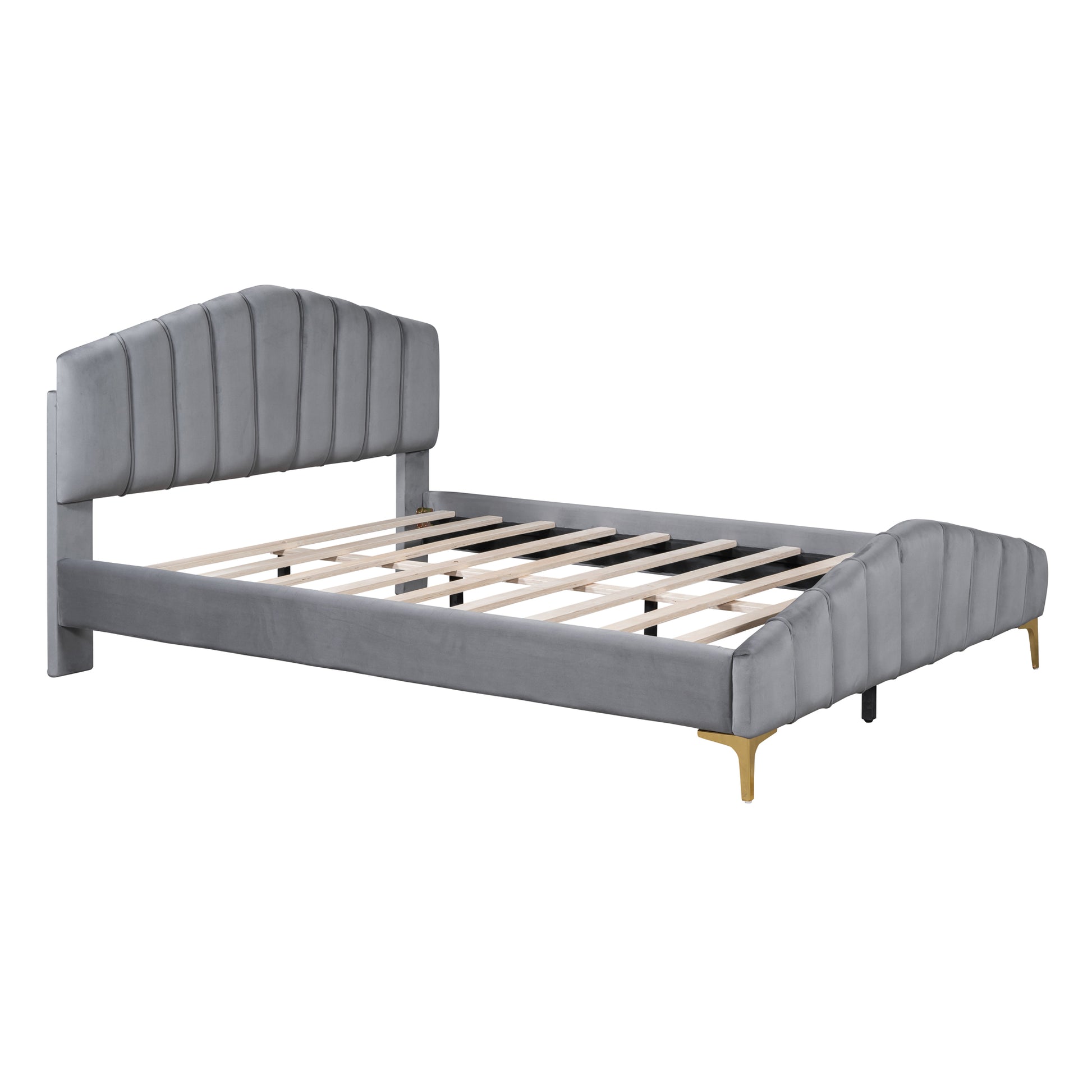 Queen Size Velvet Platform Bed With Thick Fabric, Stylish Stripe Decorated Bedboard And Elegant Metal Bed Leg, Gray Gray Velvet