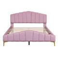 Queen Size Velvet Platform Bed With Thick Fabric, Stylish Stripe Decorated Bedboard And Elegant Metal Bed Leg, Pink Pink Velvet