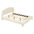 Queen Size Velvet Platform Bed With Thick Fabric, Stylish Stripe Decorated Bedboard And Elegant Metal Bed Leg, Beige Beige Velvet