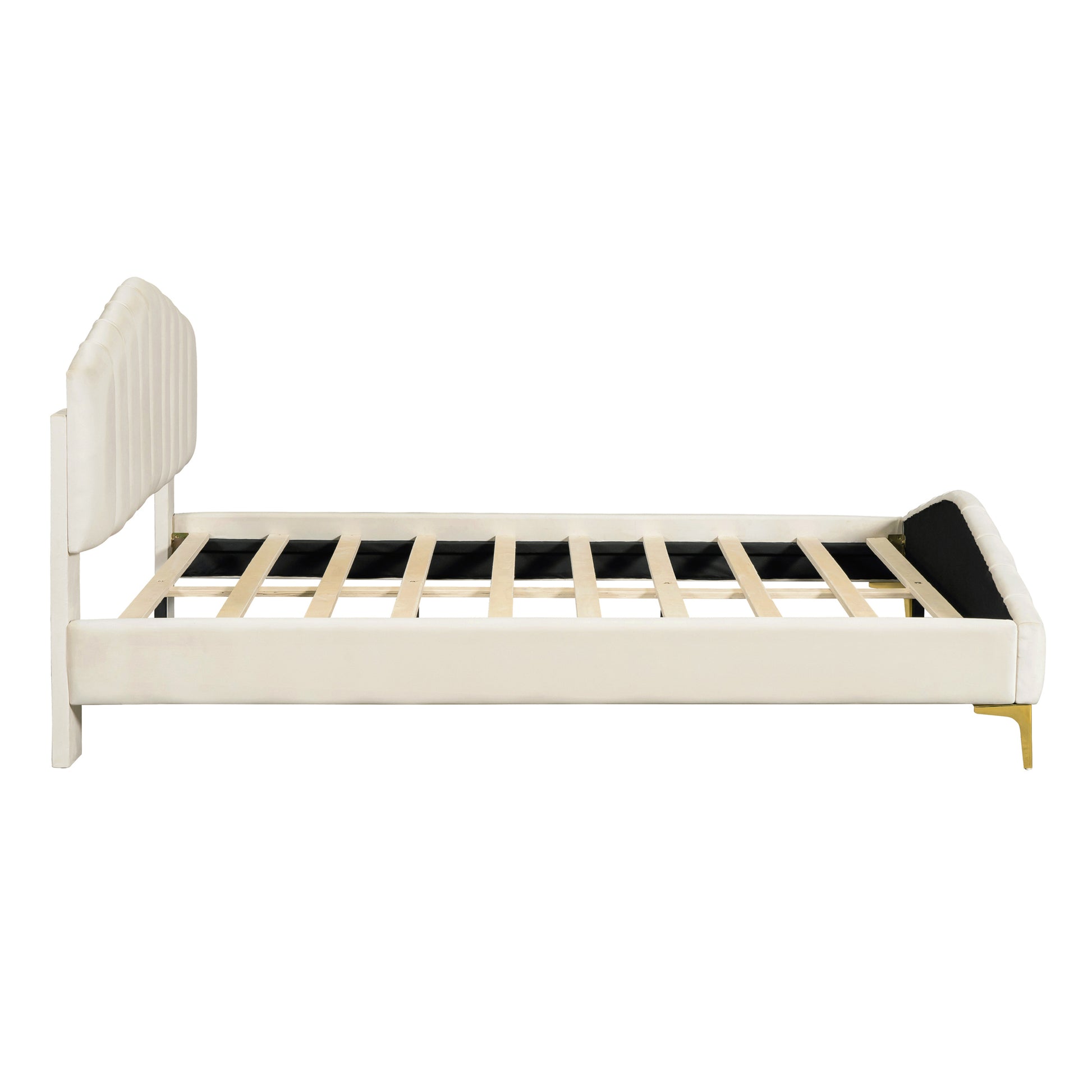 Queen Size Velvet Platform Bed With Thick Fabric, Stylish Stripe Decorated Bedboard And Elegant Metal Bed Leg, Beige Beige Velvet