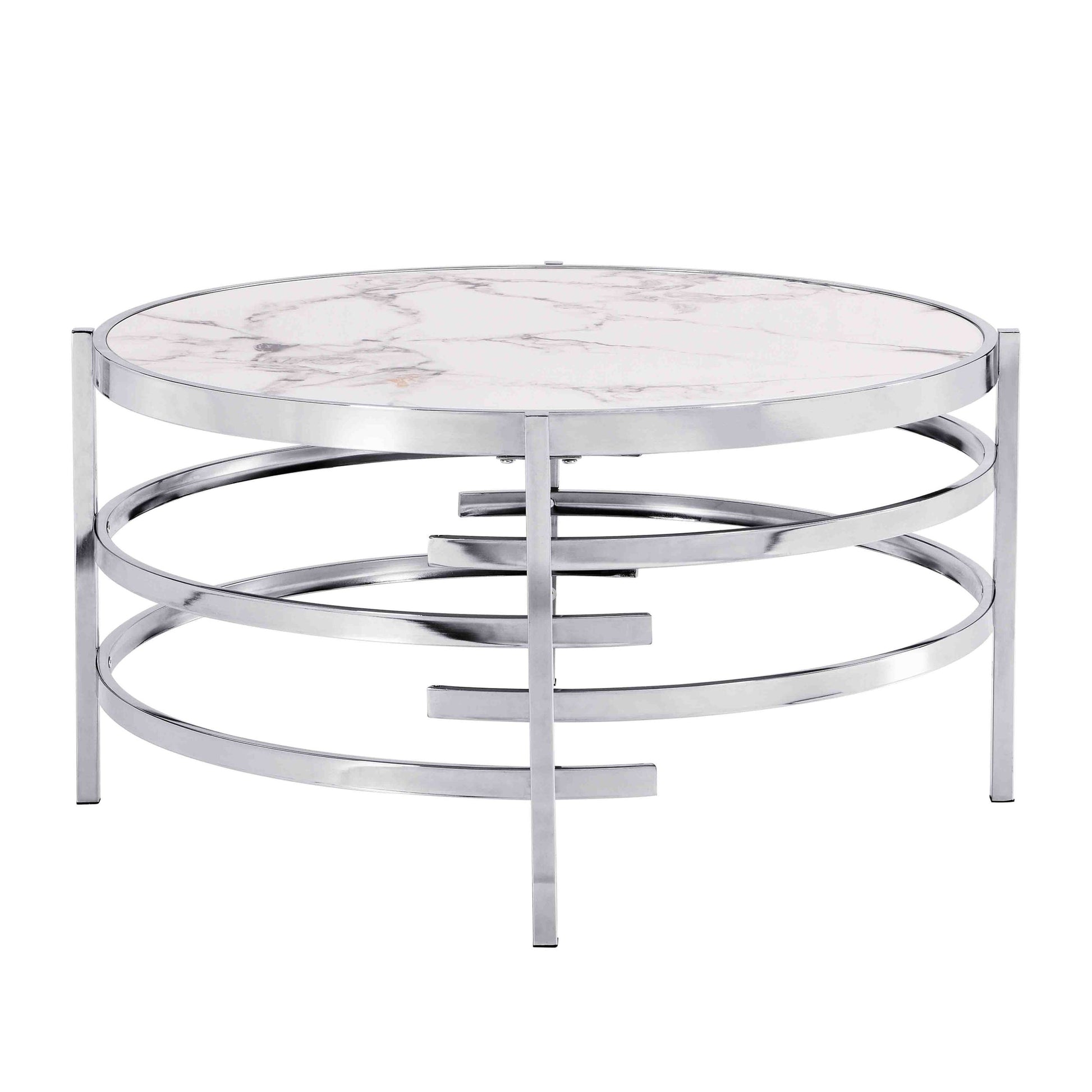 32.48'' Chrome Round Coffee Table With Sintered Stone Top&Sturdy Metal Frame, Modern Coffee Table For Living Room, Silver Silver Iron